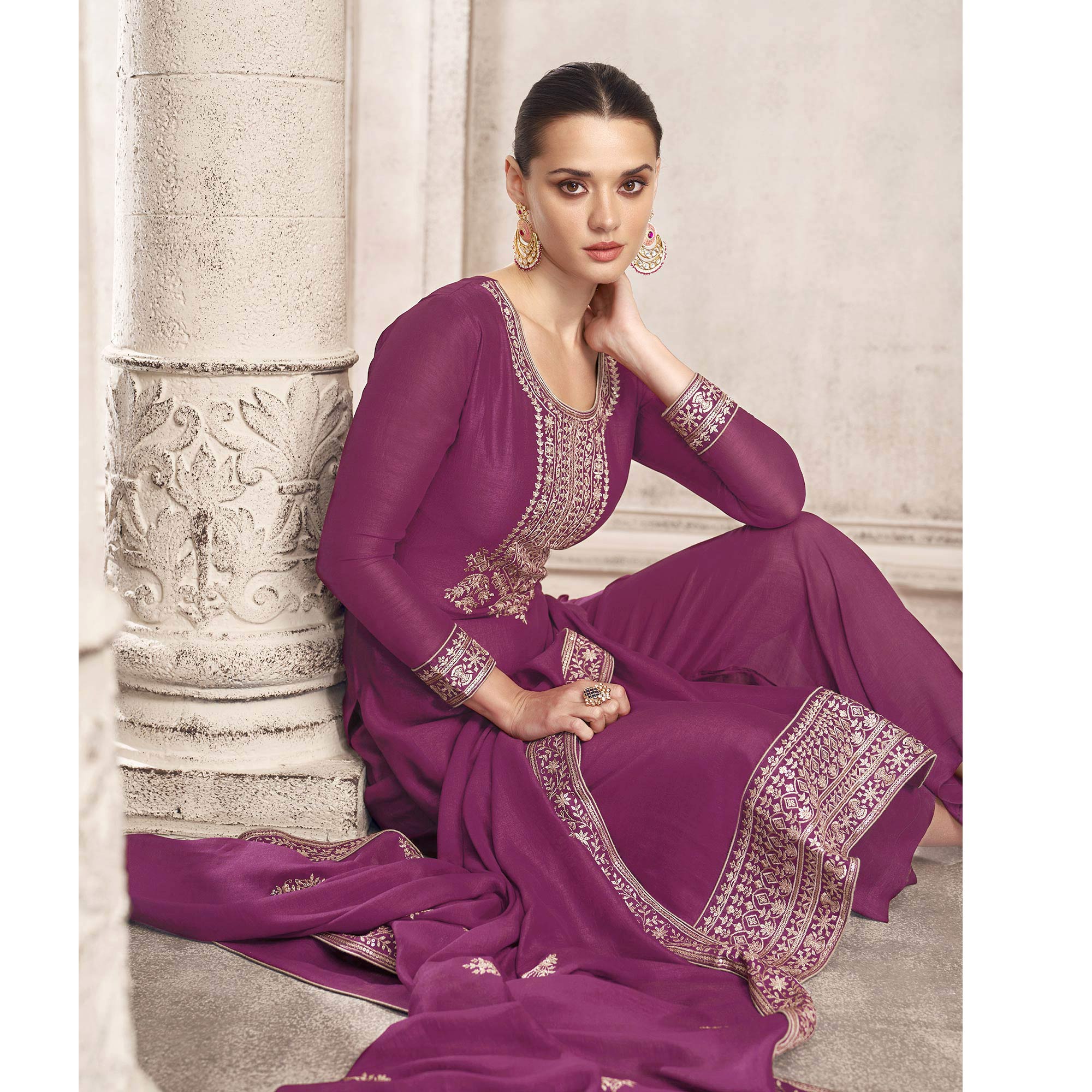 Purple Embroidered Dola Silk Salwar Suit