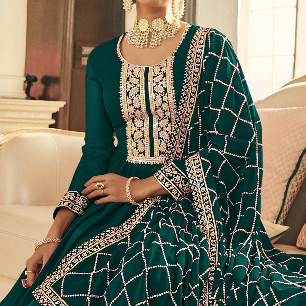 Bottle Green Embroidered Georgette Gown