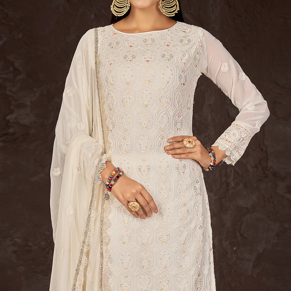 White Lucknowi Embroidered Georgette Suit