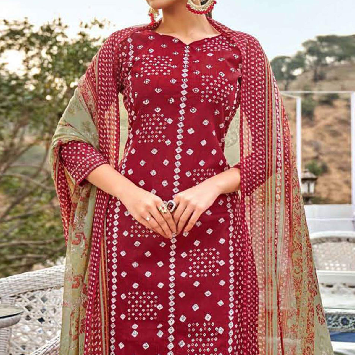 Red Bandhani Printed Pure Cotton Salwar Suit