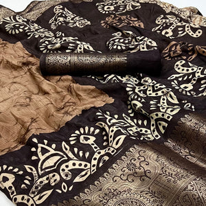 Brown Floral Printed With Woven Dola Silk Saree