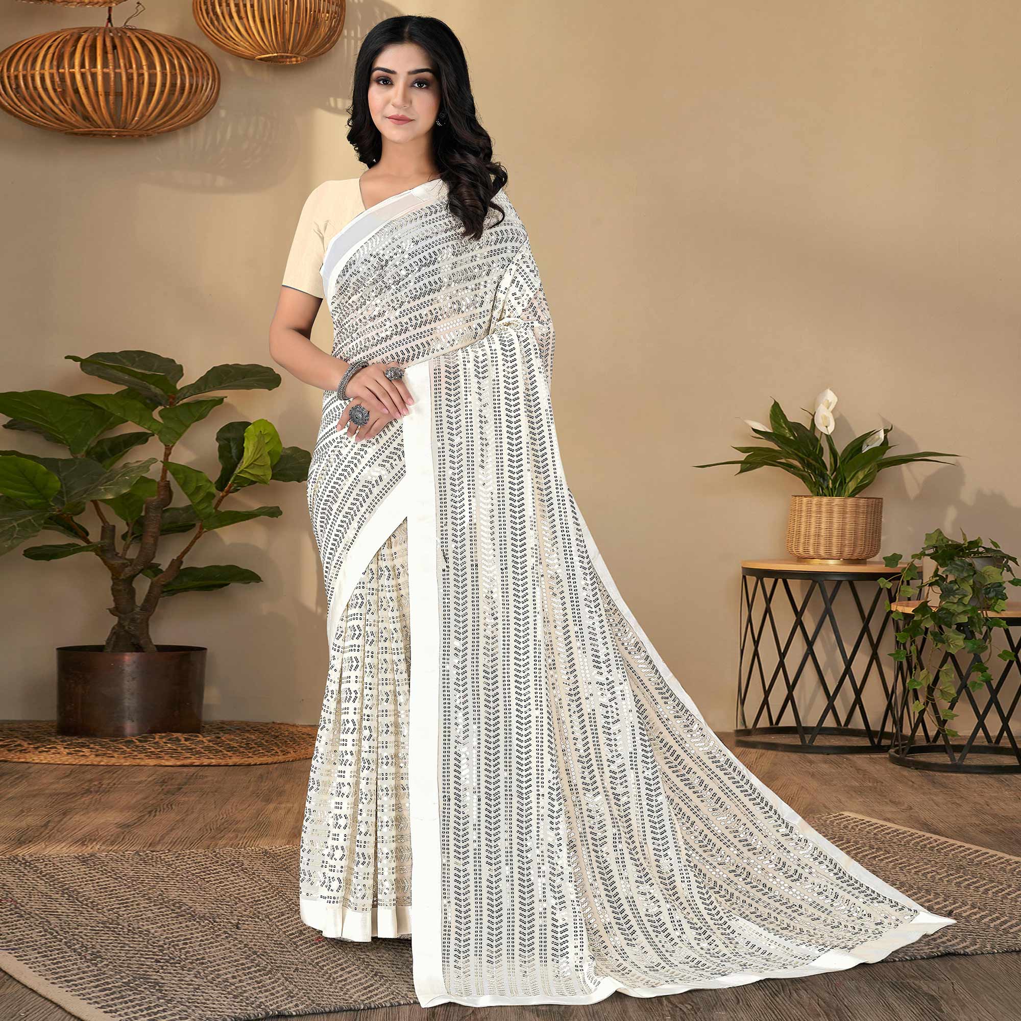 White Sequins Embroidered Georgette Saree