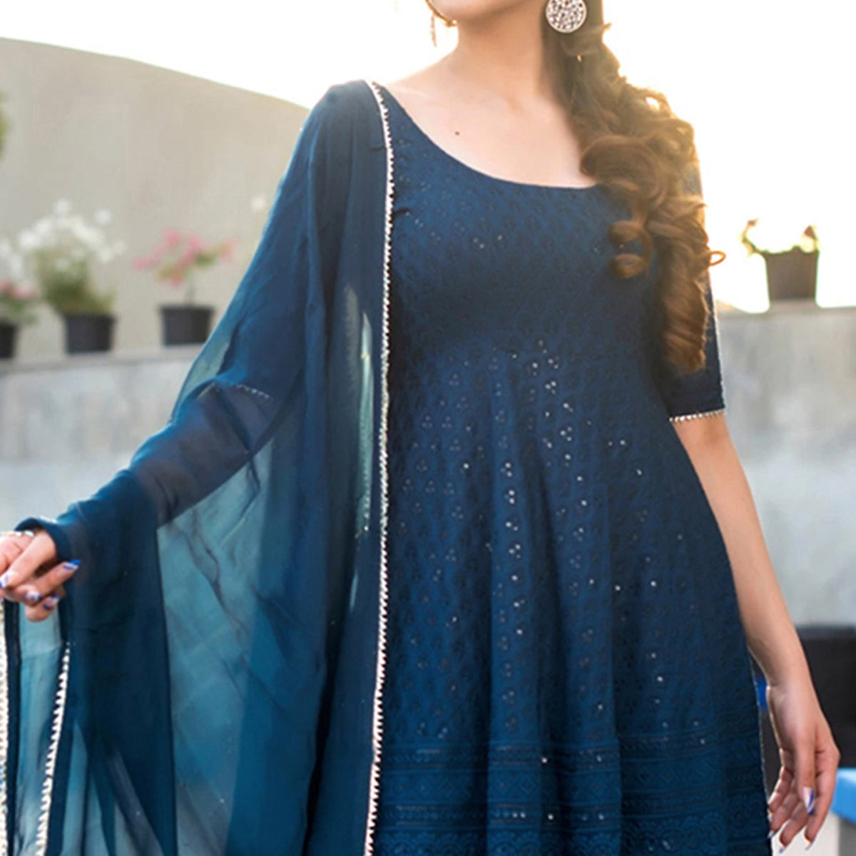 Blue Lucknowi With Sequins Embroidered Rayon Sharara Suit