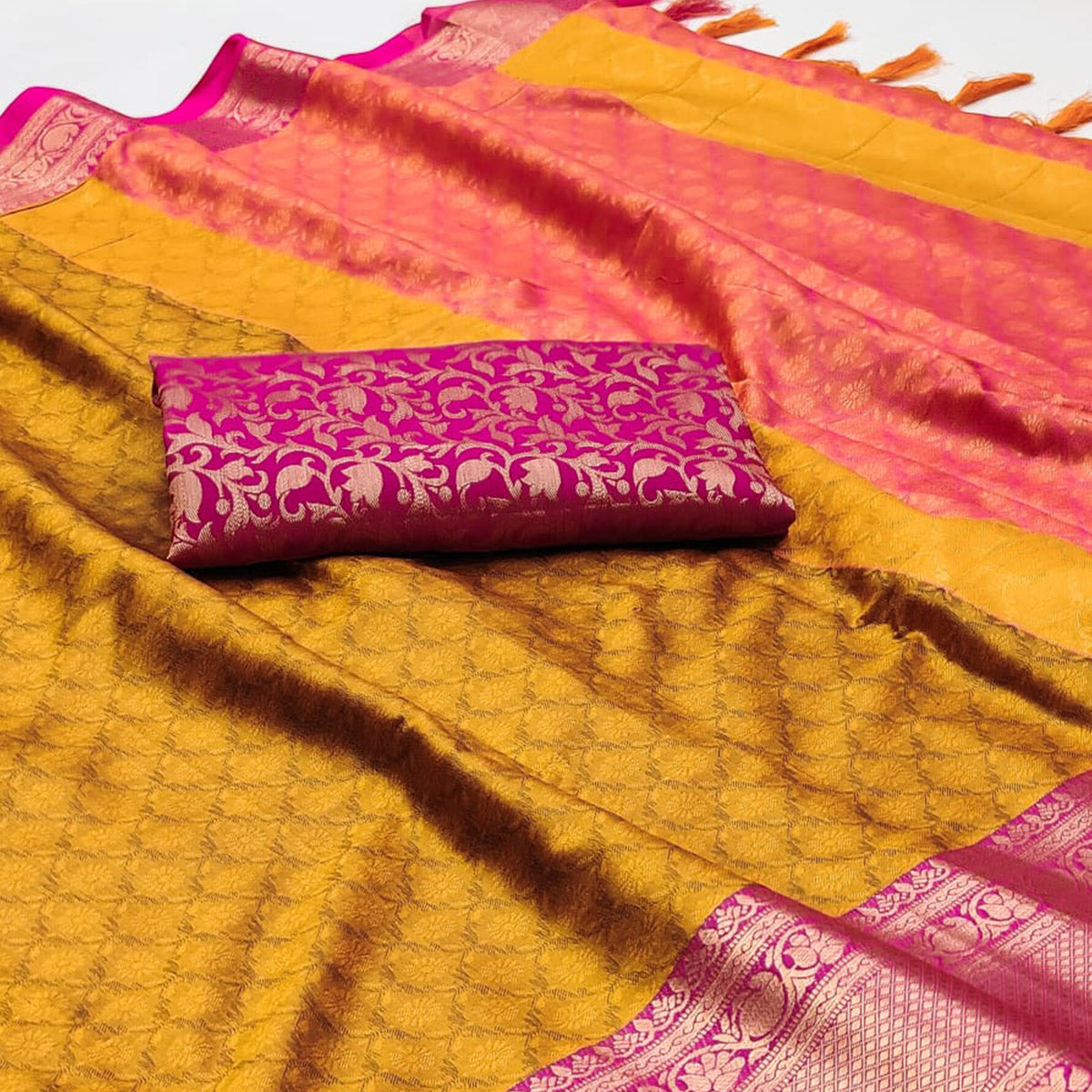 Golden Printed And Woven Cotton Silk Saree With Tassels