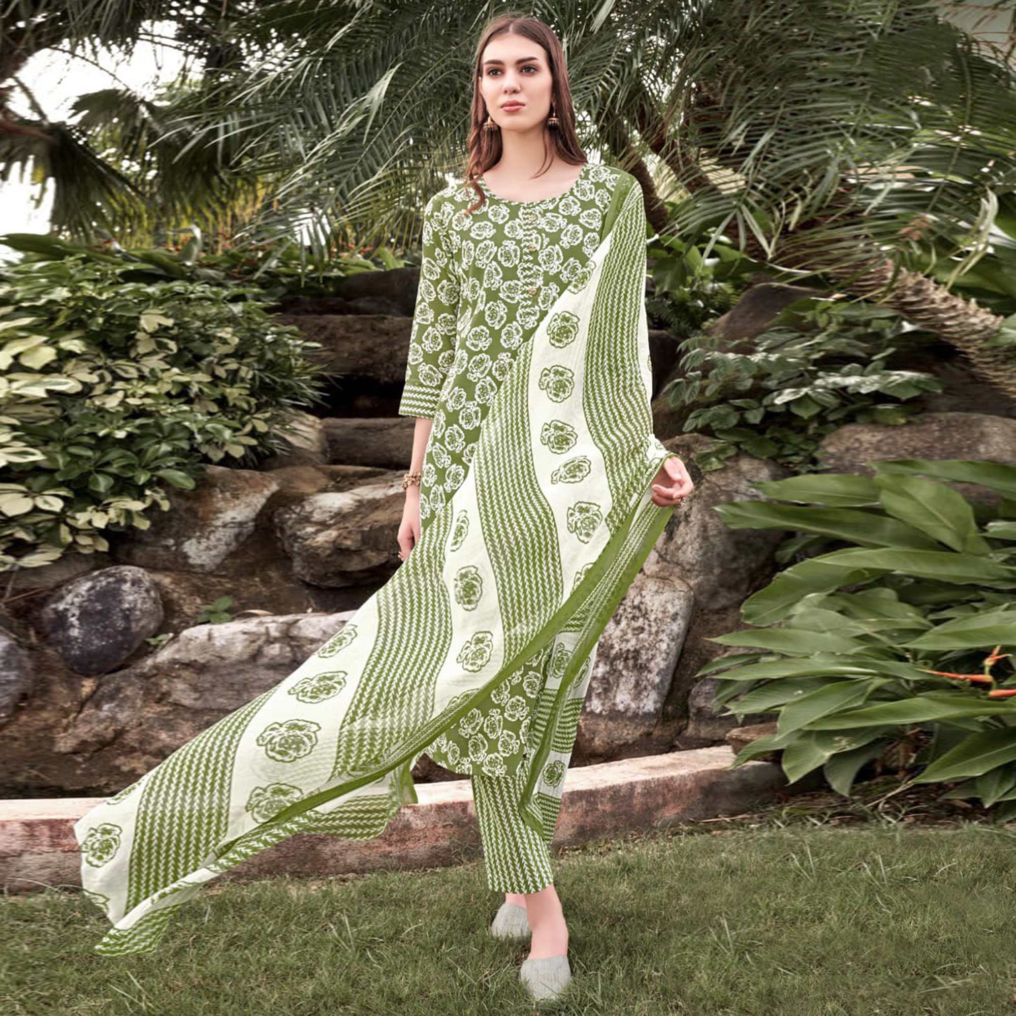 Green Floral Printed Cotton Blend Suit