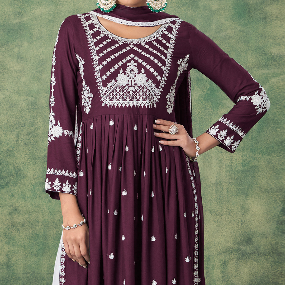 Wine Lucknowi Work Rayon Naira Cut Palazzo Suit