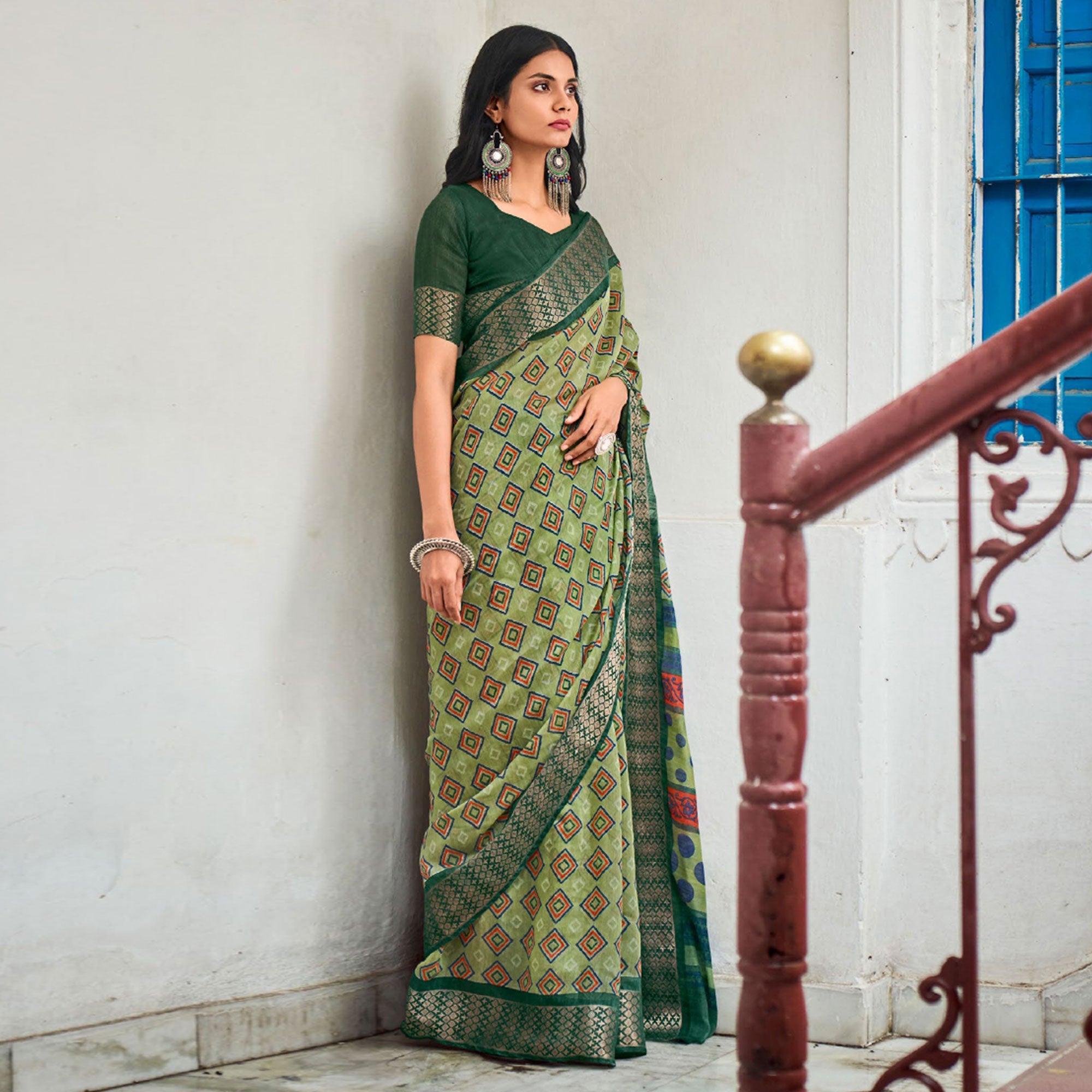 Green Printed With Woven Border Raw Silk Saree