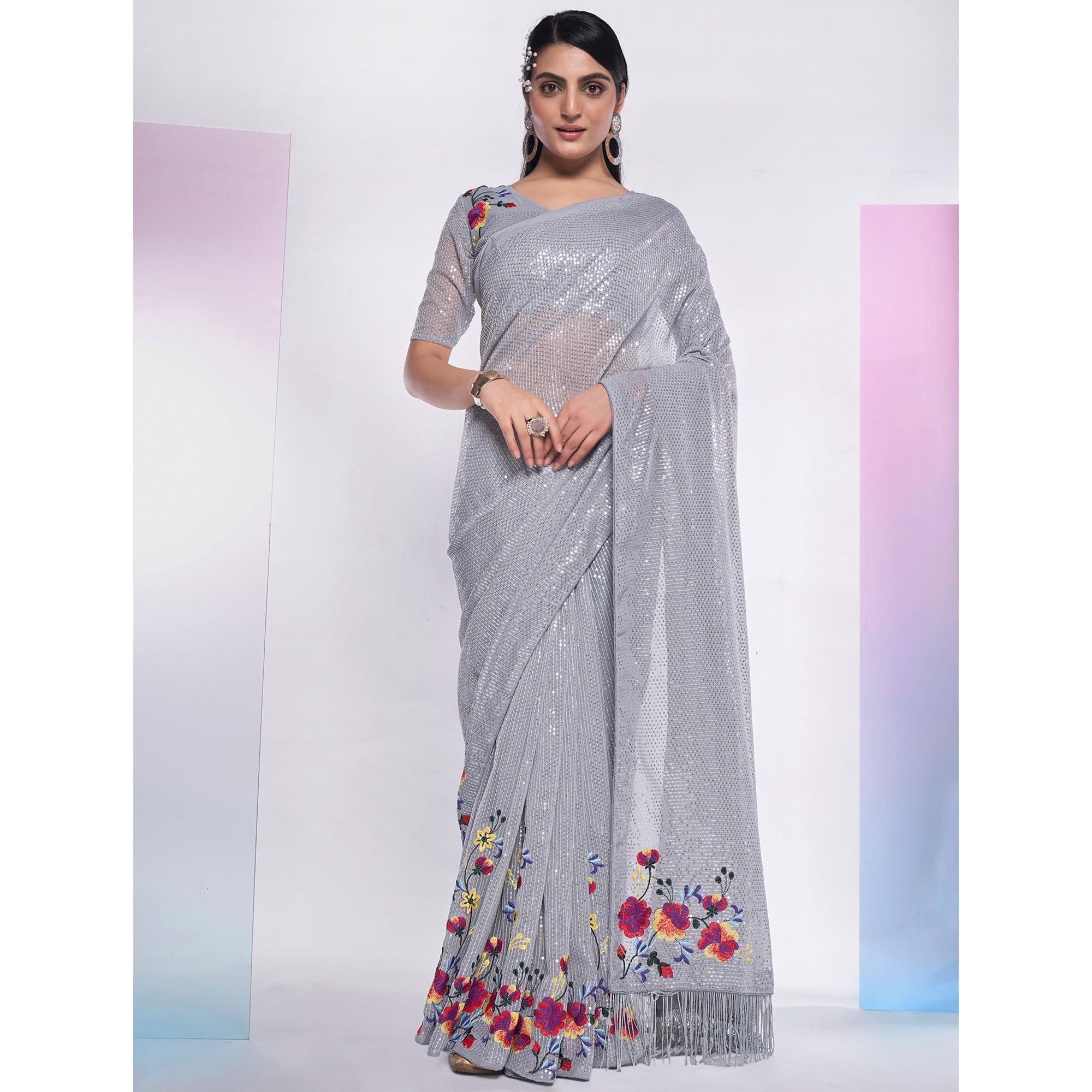 Grey Sequins Embroidered Georgette Saree