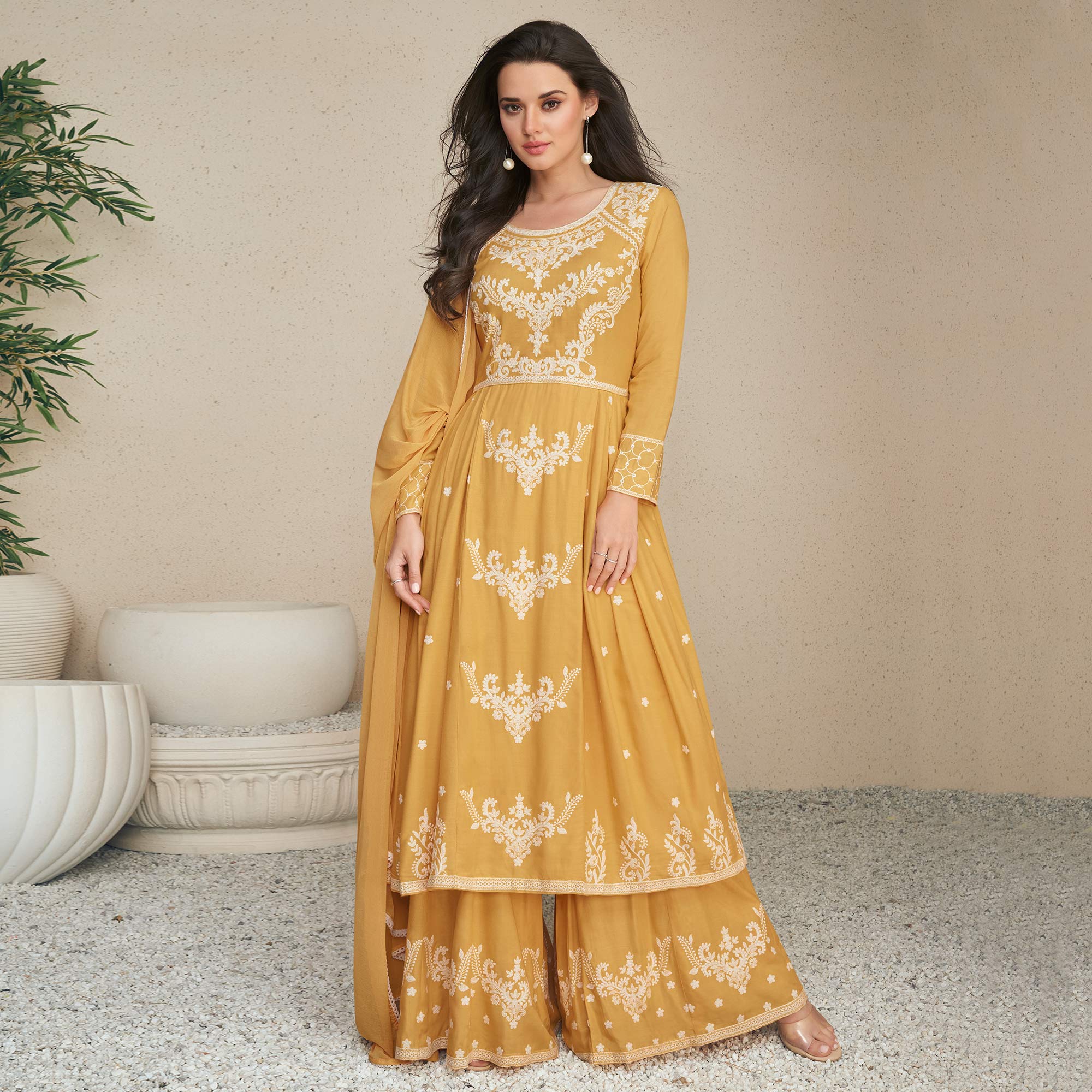 Mustard Lucknowi Embroidered Rayon Palazzo Suit