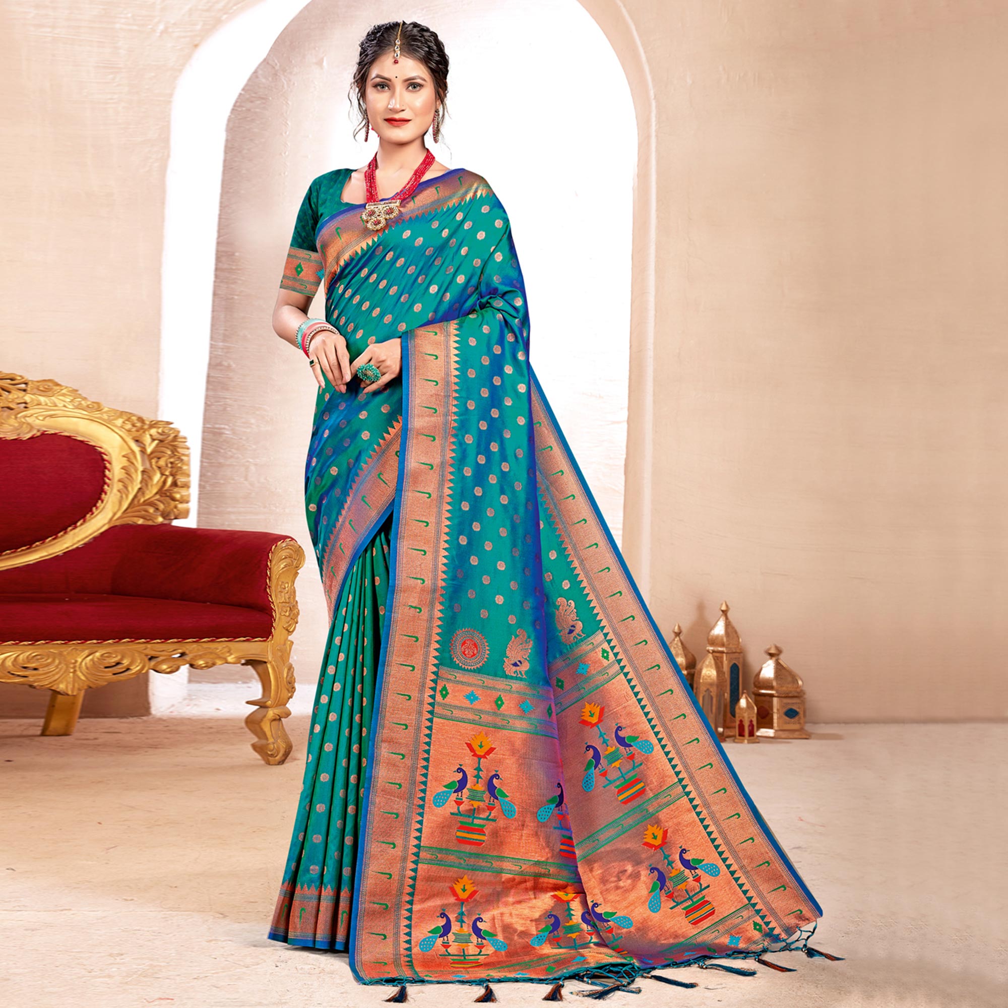 Turquoise Woven Art Silk Paithani Saree With Tassels