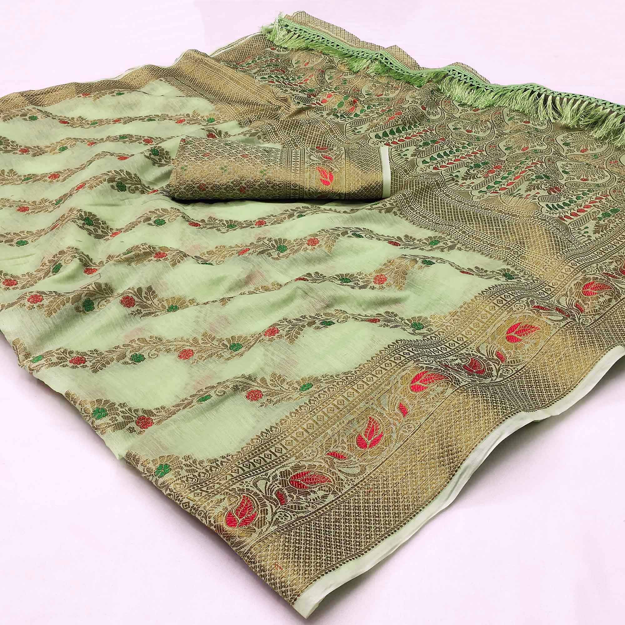 Green Woven Cotton Blend Saree With Tassels