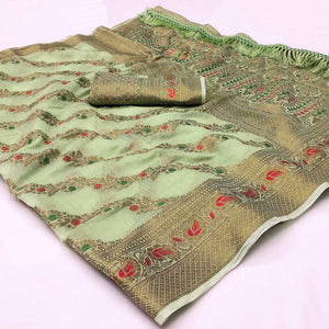 Green Woven Cotton Blend Saree With Tassels