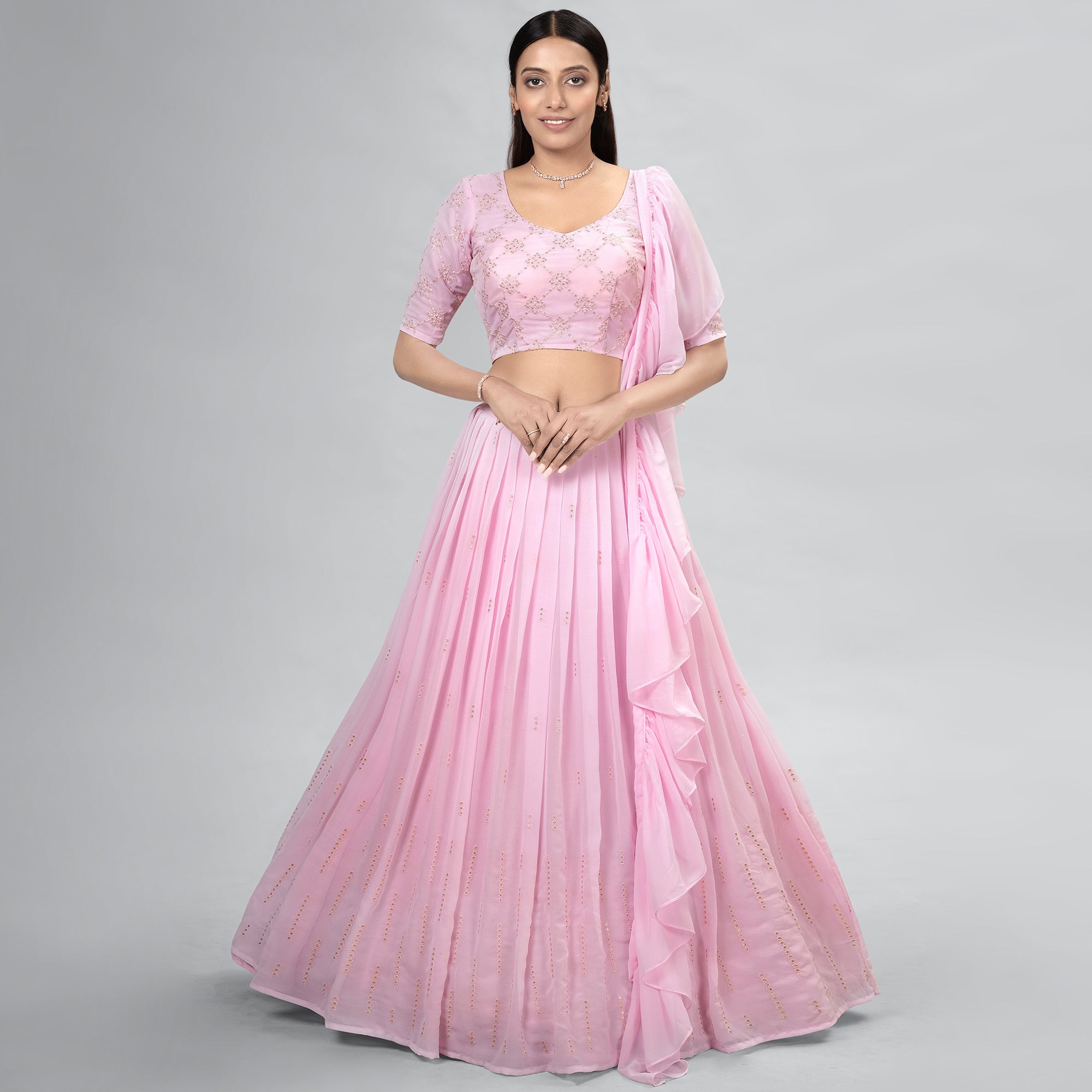 Pink Embroidered Georgette Lehenga Choli