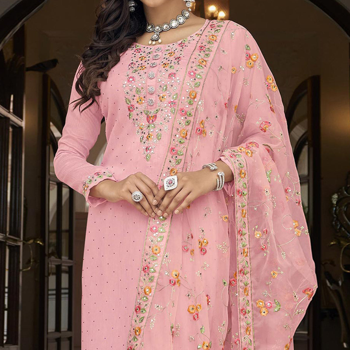 Pink Floral Embroidered Georgette Salwar Suit