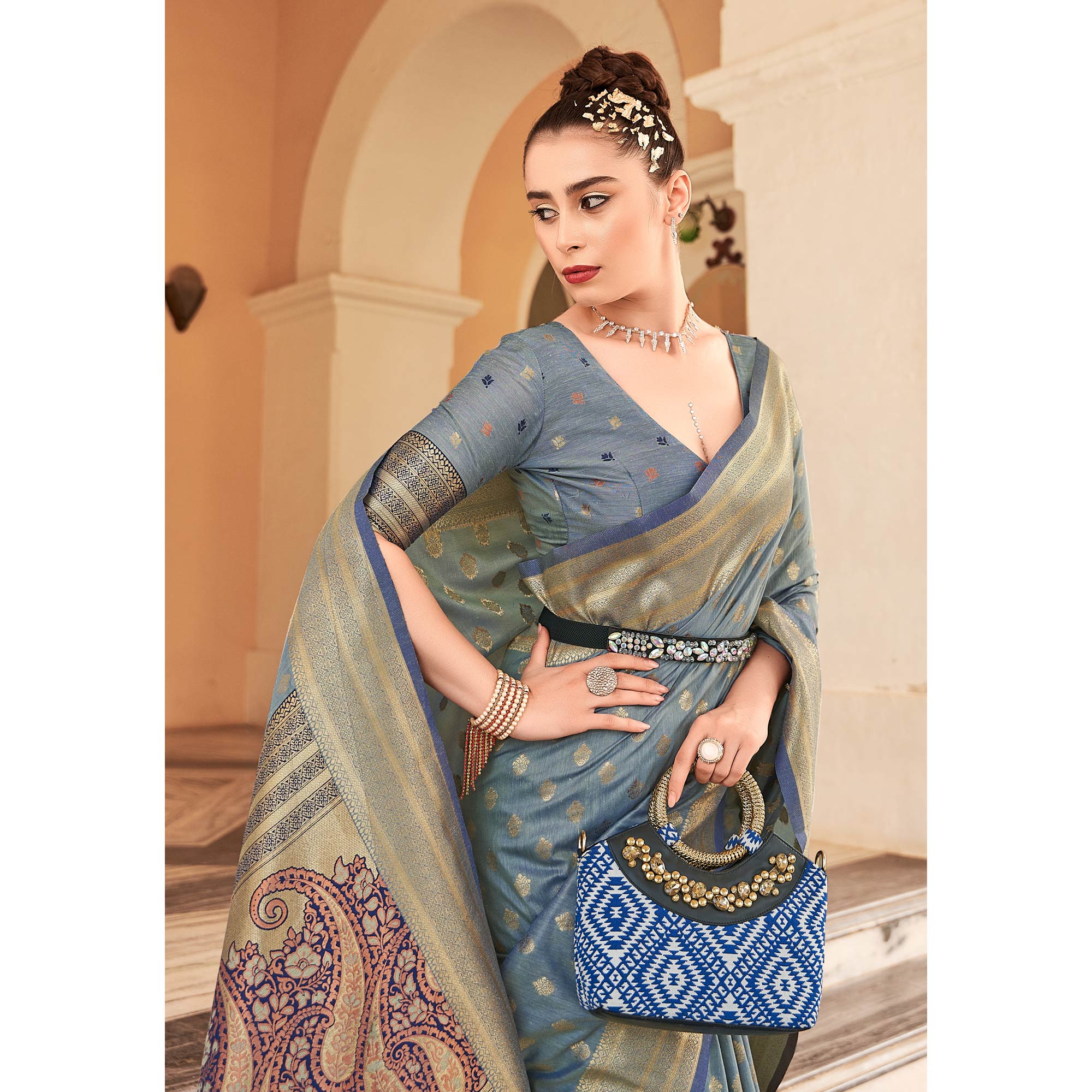 Grey Woven Cotton Silk Saree