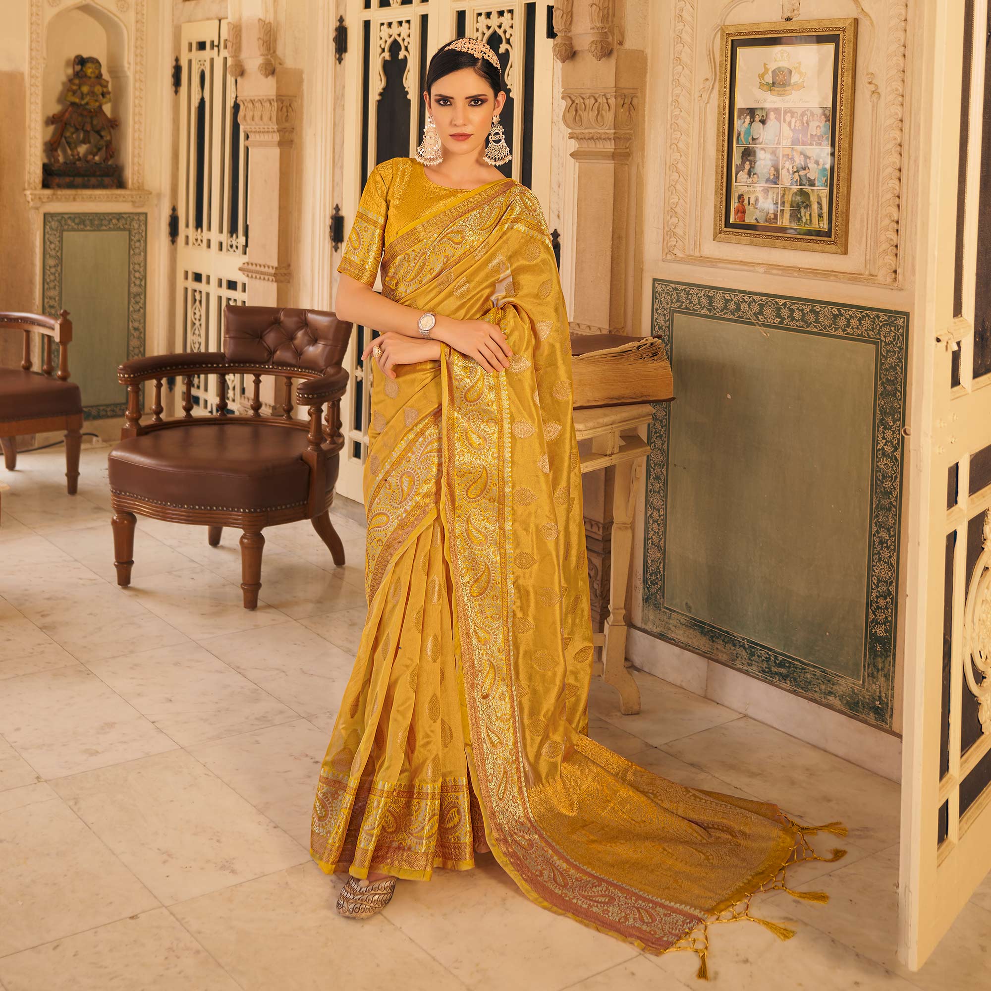 Yellow Woven Organza Saree