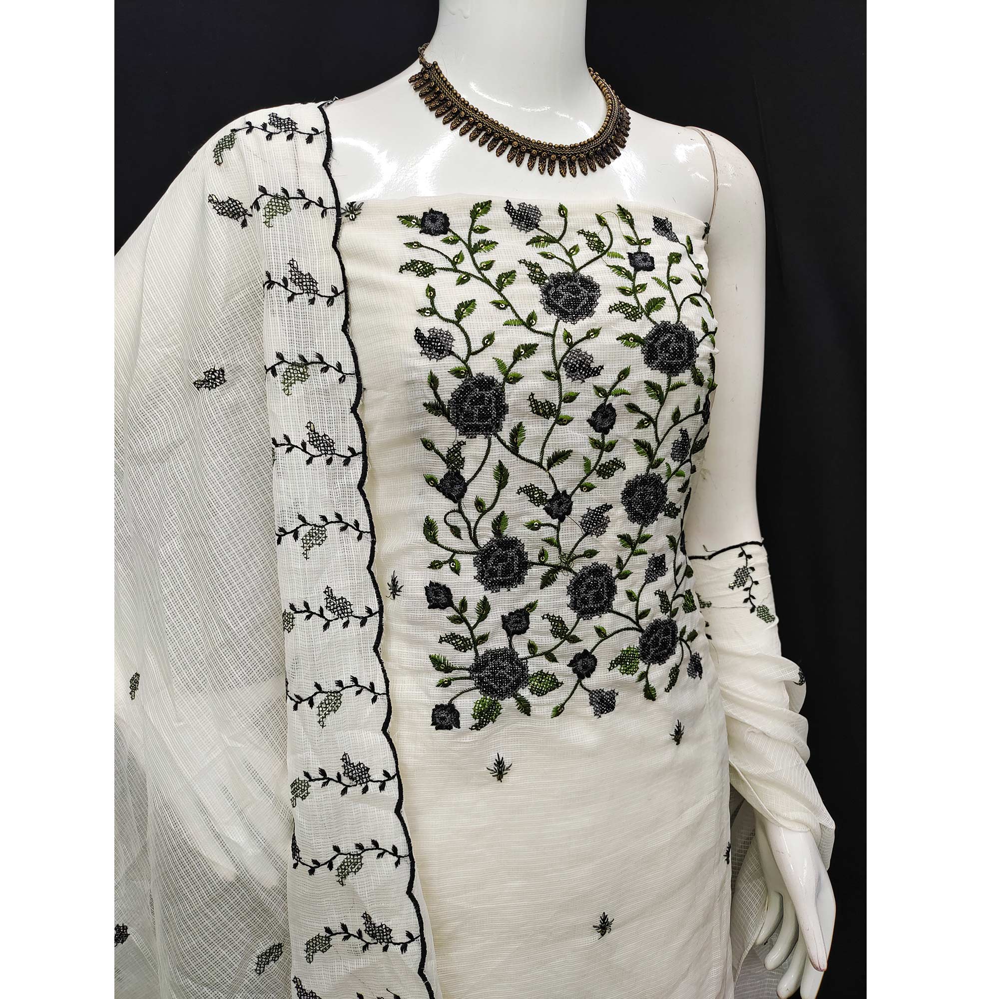 White Floral Sequins Embroidered Kota Doria Dress Material