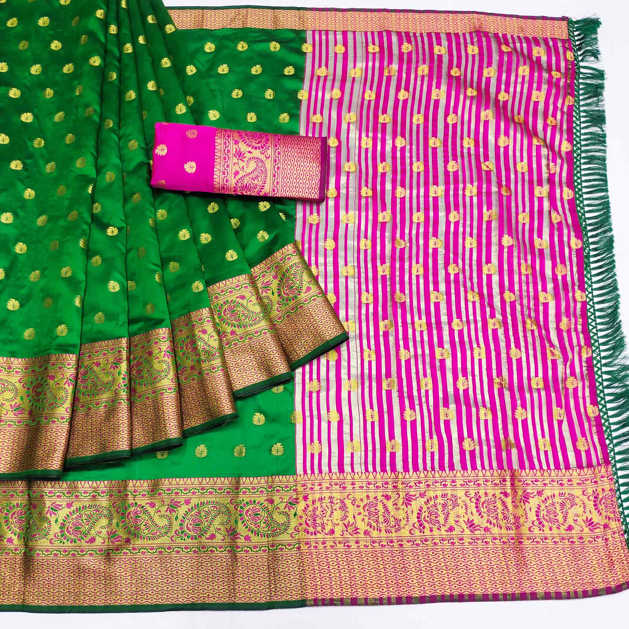 Green Woven Jacquard Saree With Tassels