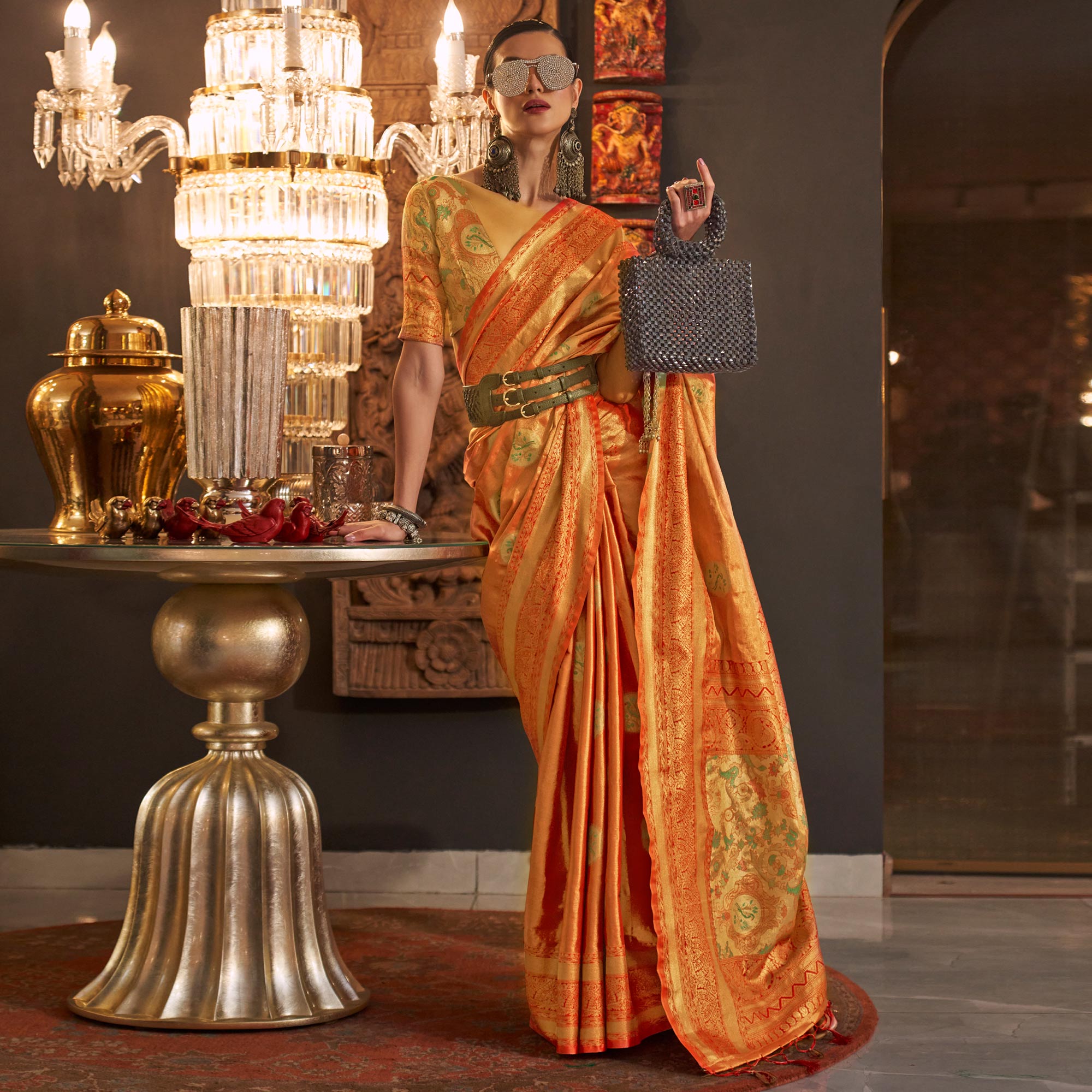 Orange Woven Art Silk Saree With Tassels