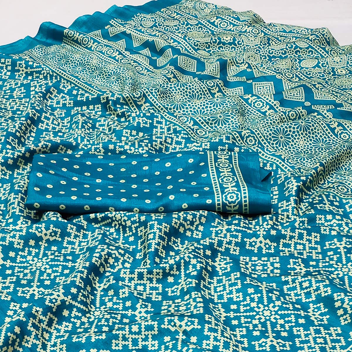 Blue Printed Art Silk Saree