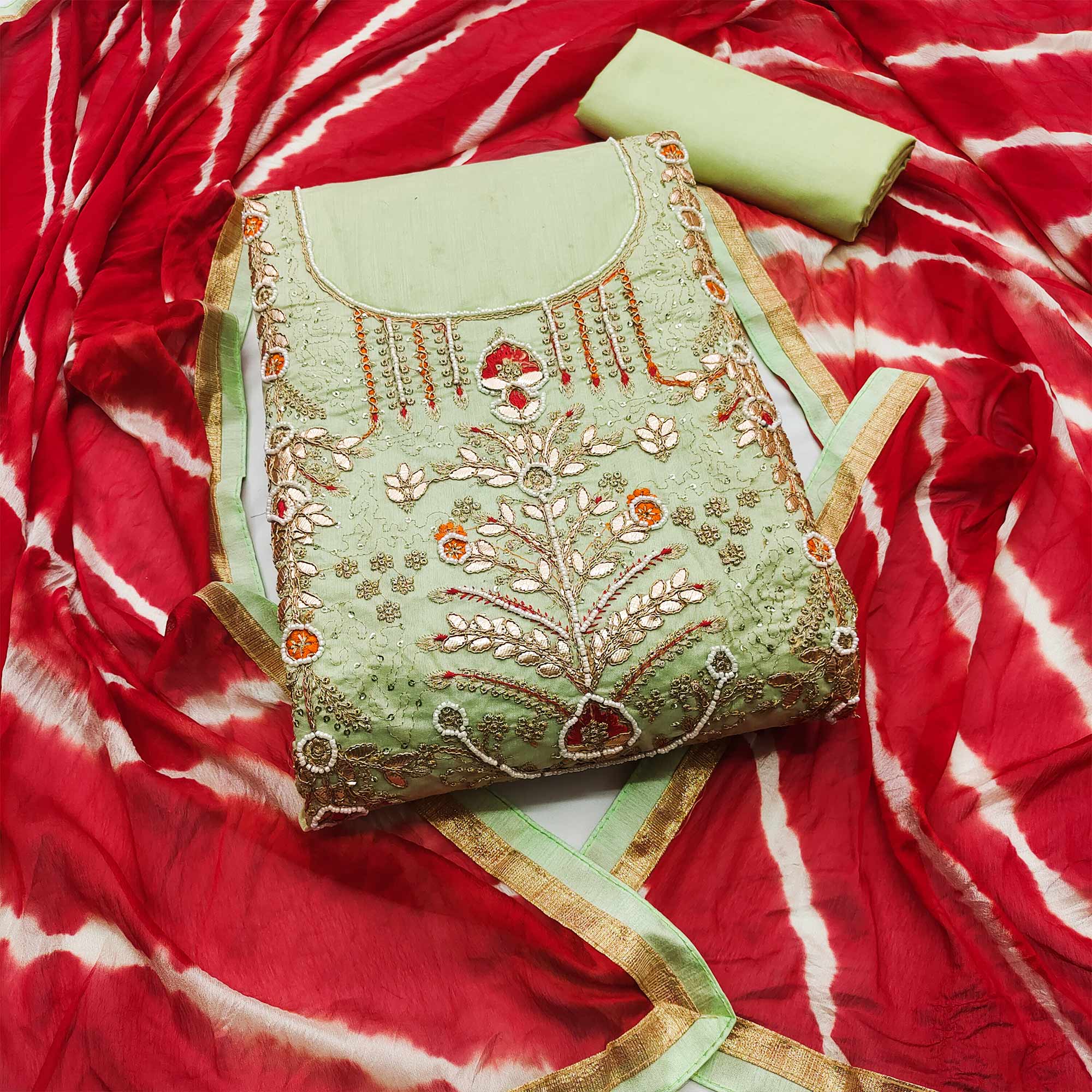 Green Embroidered Chanderi Dress Material