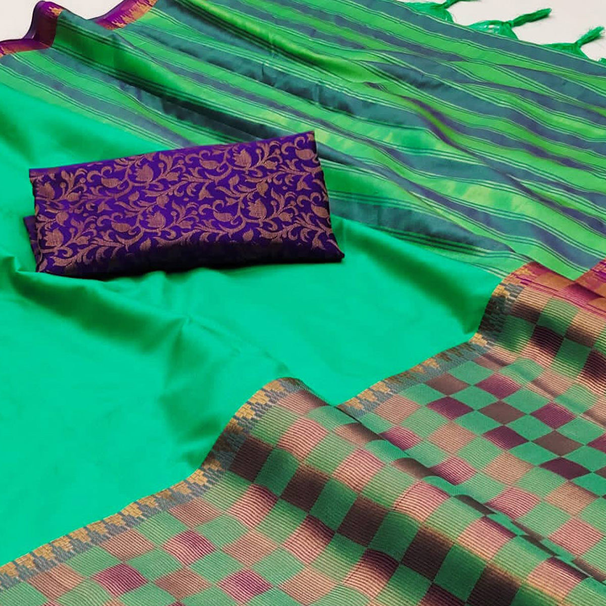 Turquoise Woven Cotton Silk Saree With Tassels