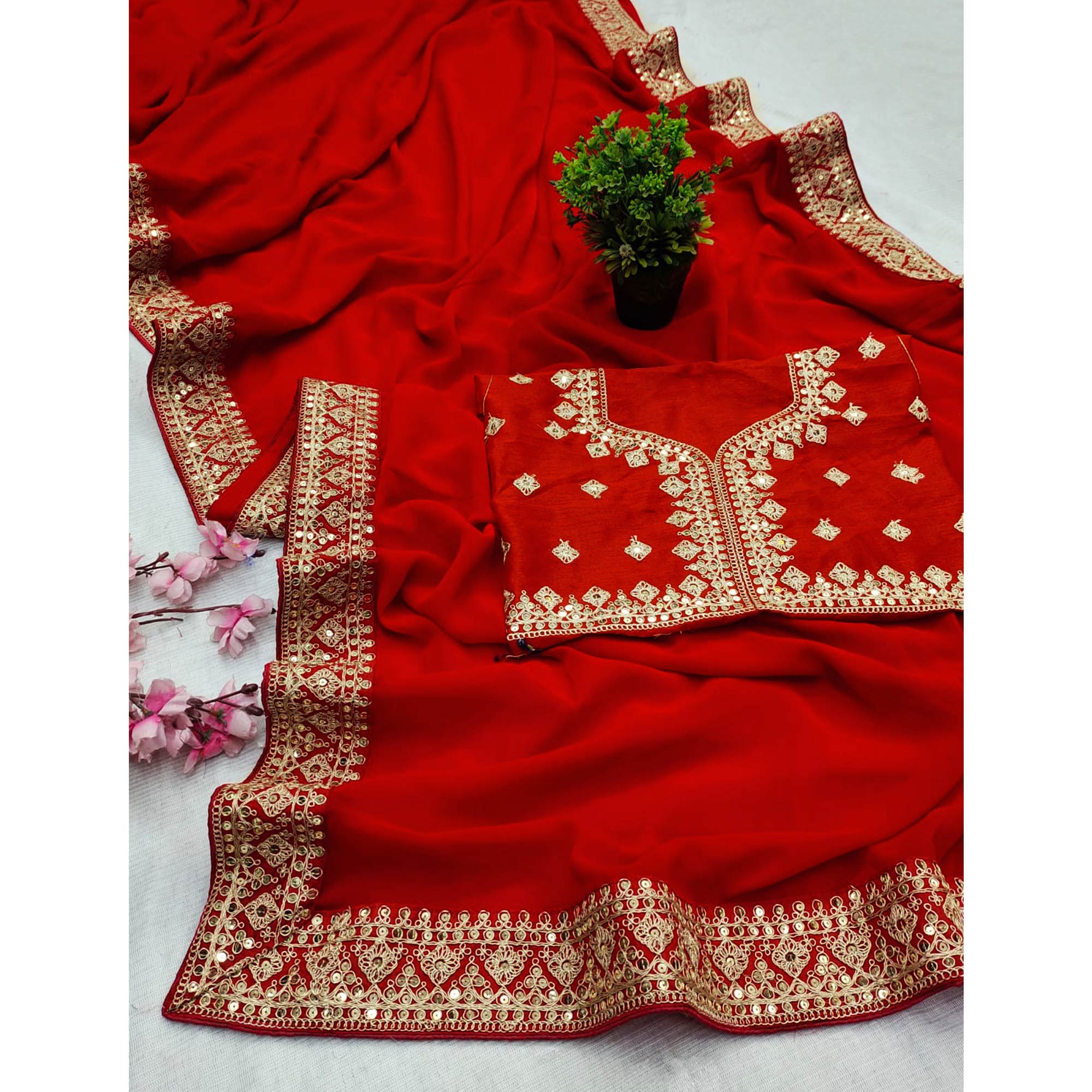 Red Sequins Embroidered Georgette Saree