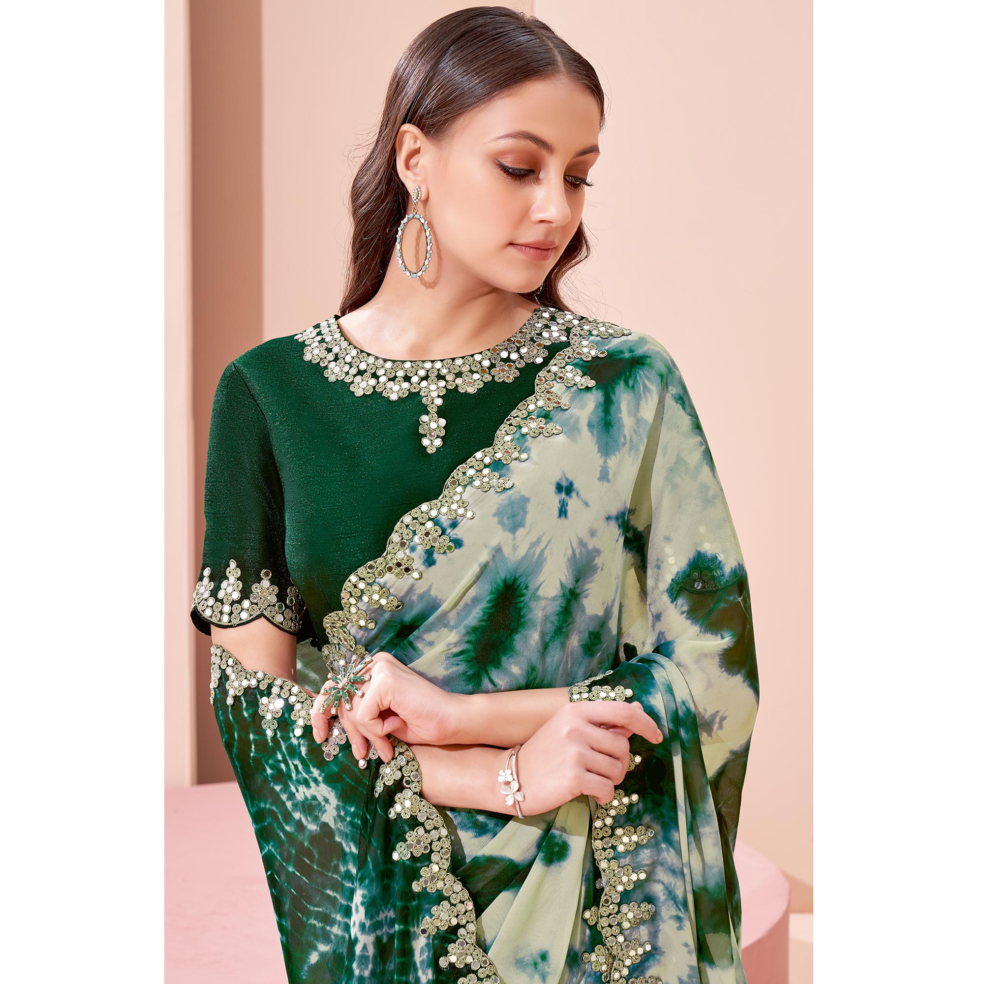 Beige & Green Printed With Mirror Work Georgette Saree