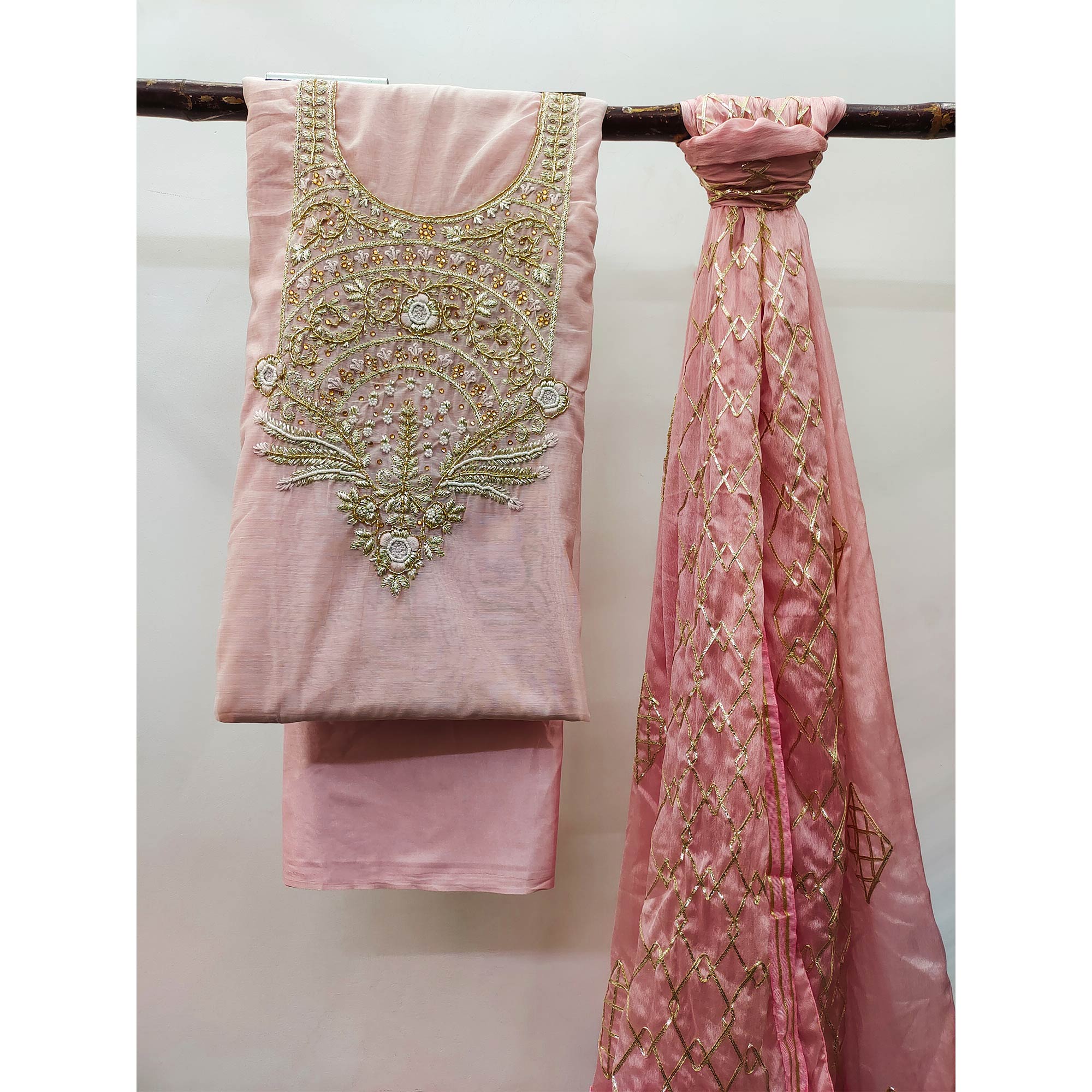 Pink Floral Embroidered Modal Dress Material