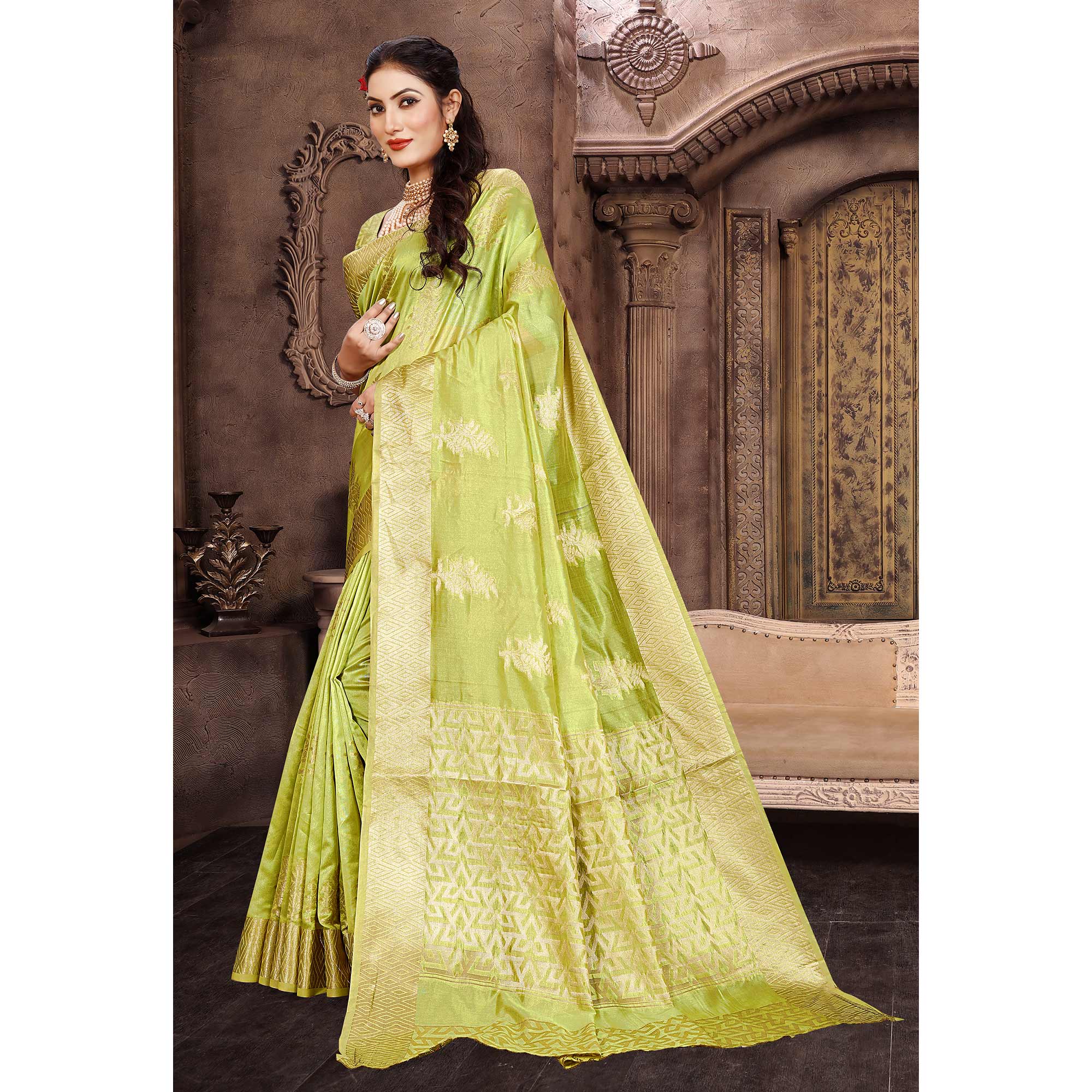 Green Floral Woven Organza Saree