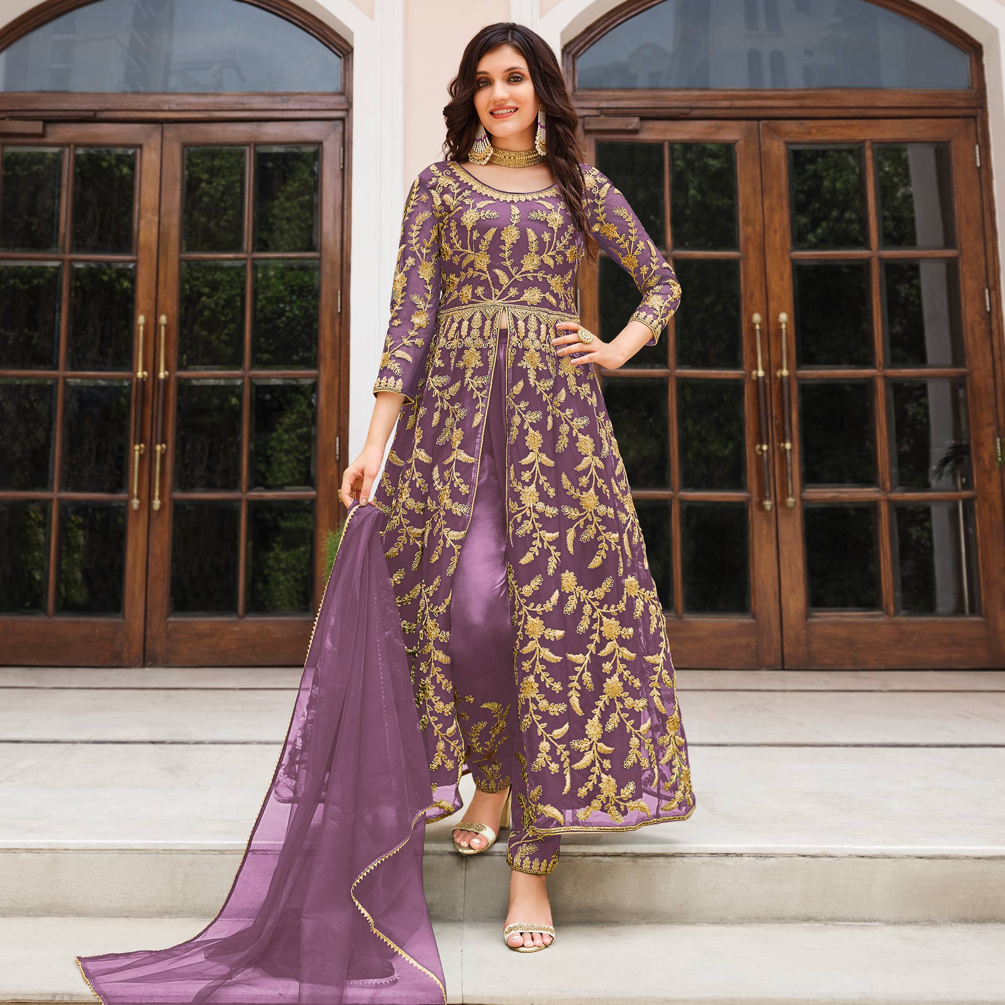 Light Purple Floral Embroidered Net Suit