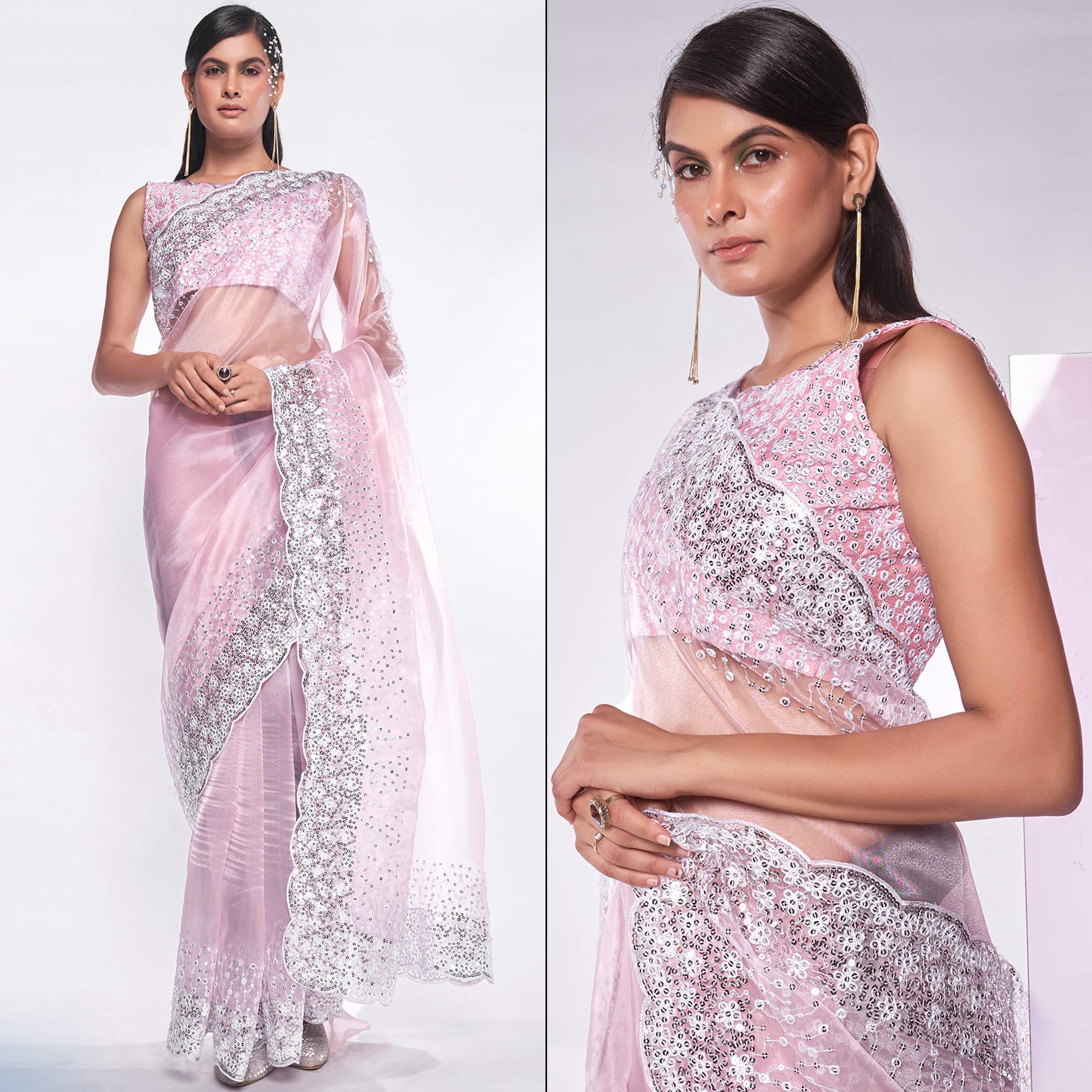 Pink Sequins Embroidered Organza Saree