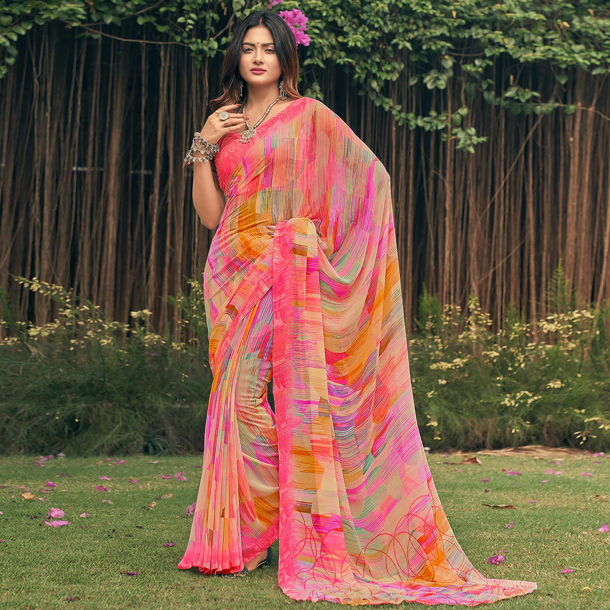 Pink Geometric Printed Georgette Saree