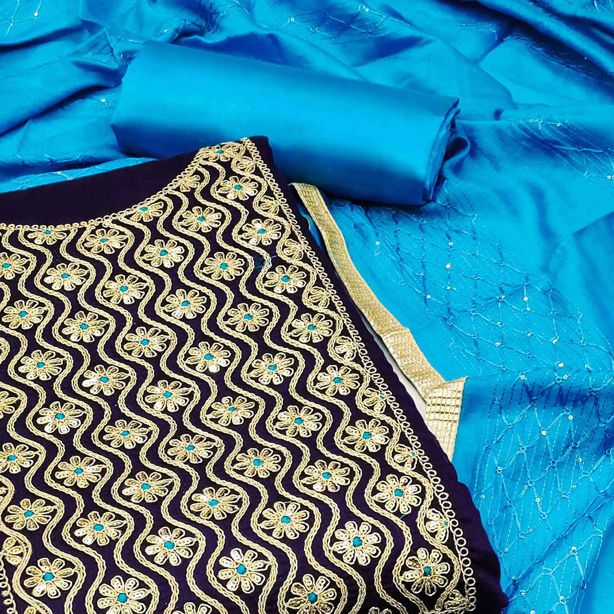 Navy Blue Sequins Floral Embroidered Modal Dress Material