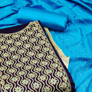 Navy Blue Sequins Floral Embroidered Modal Dress Material