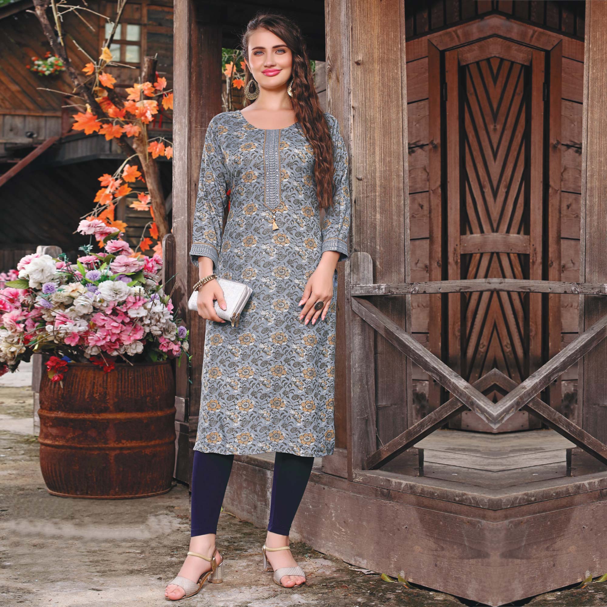 Light Grey Printed Muslin Kurti