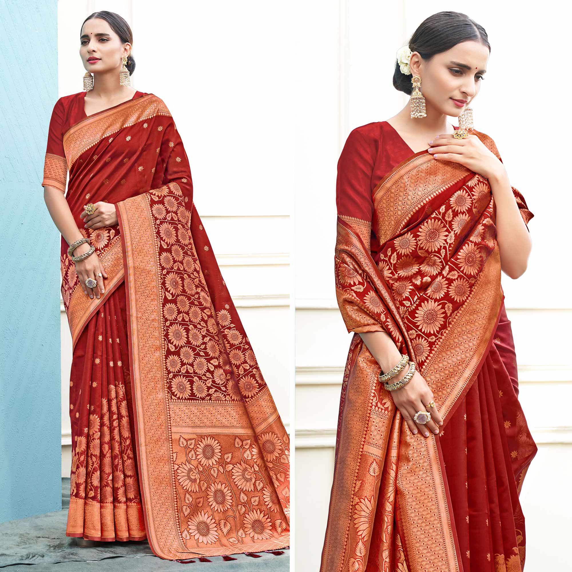 Red Floral Woven Art Silk Saree