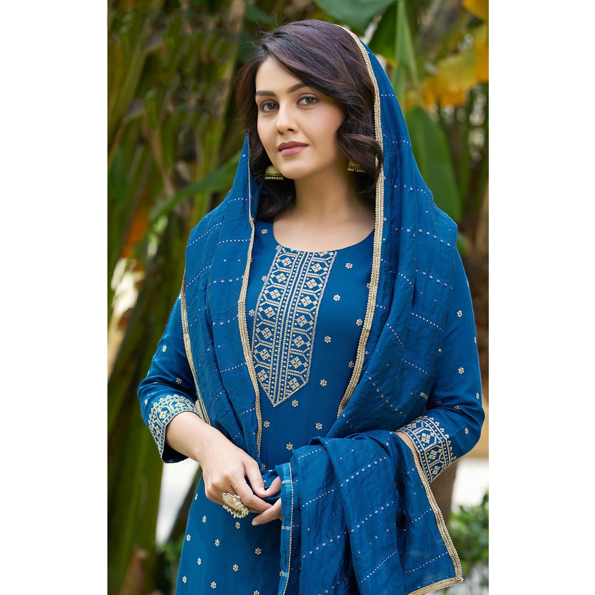 Blue Embroidered Cotton Salwar Suit