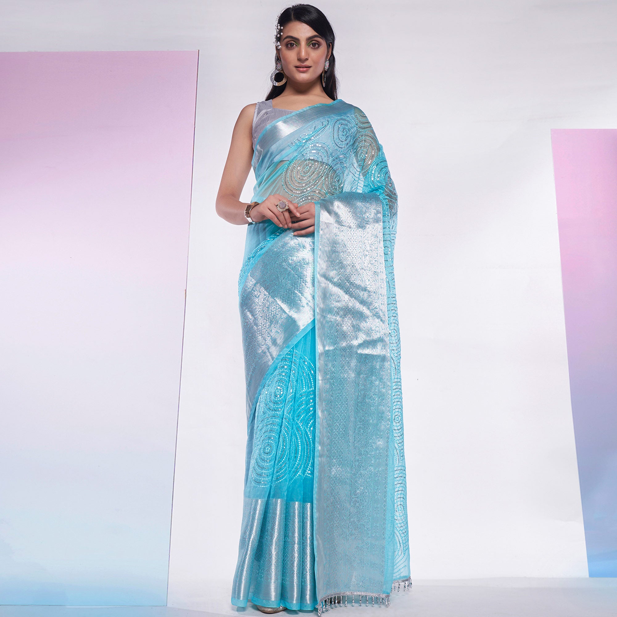 Blue Sequins Embroidered Organza Saree