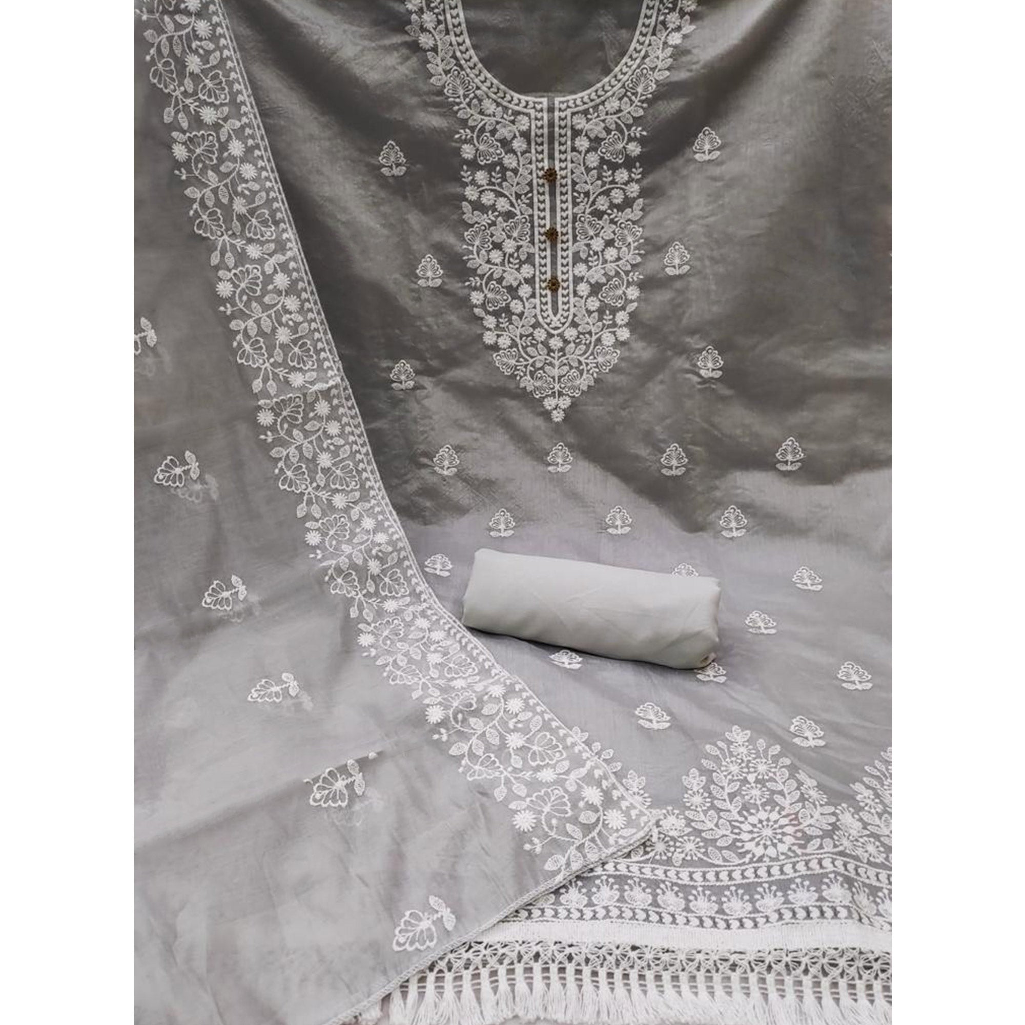 Grey Floral Embroidered Modal Dress Material