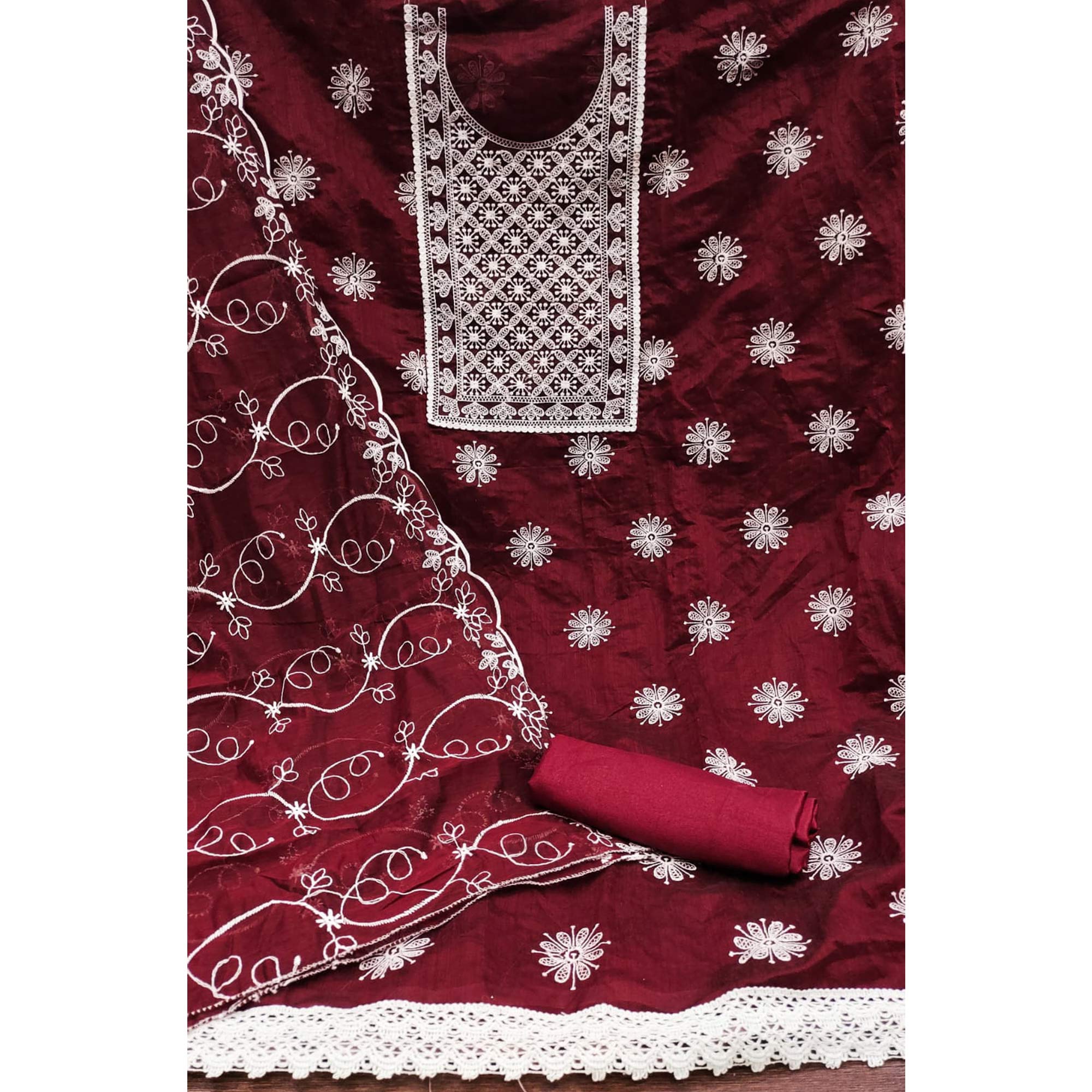 Maroon Floral Embroidered Chanderi Dress Material