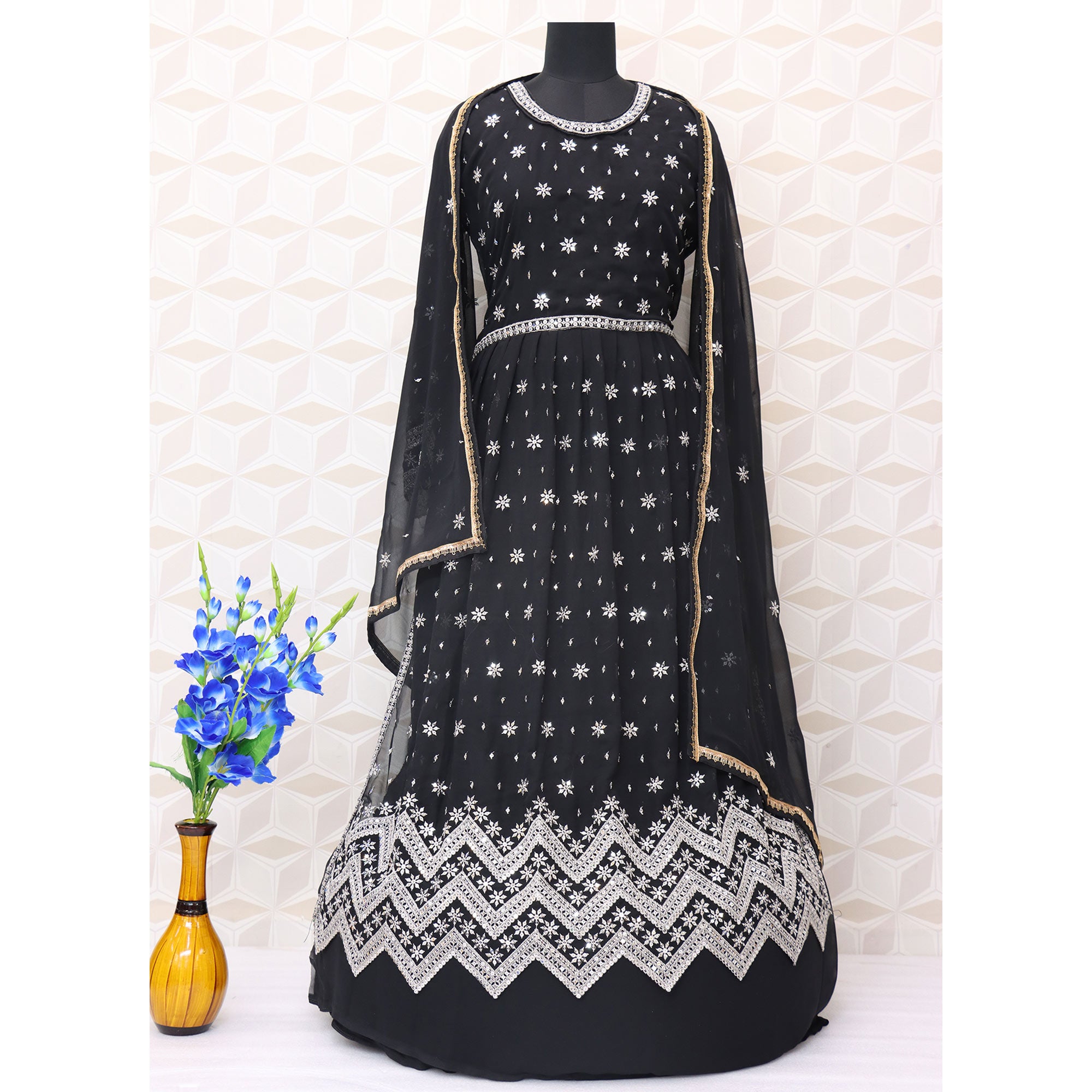 Black Sequins Embroidered Georgette Semi Stitched Naira Cut Suit
