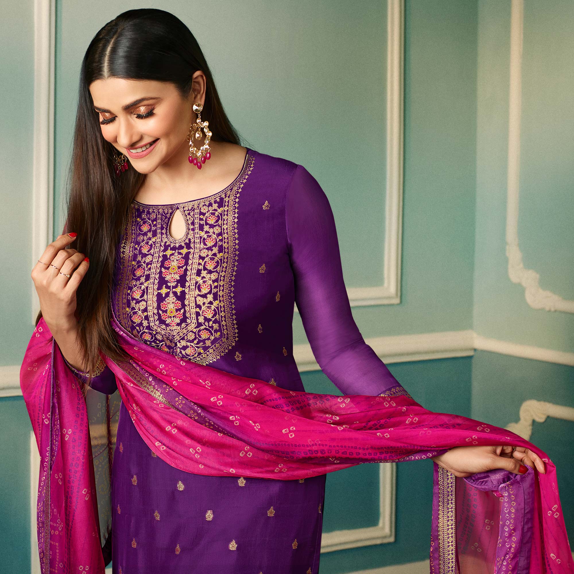 Purple Floral Woven Organza Salwar Suit