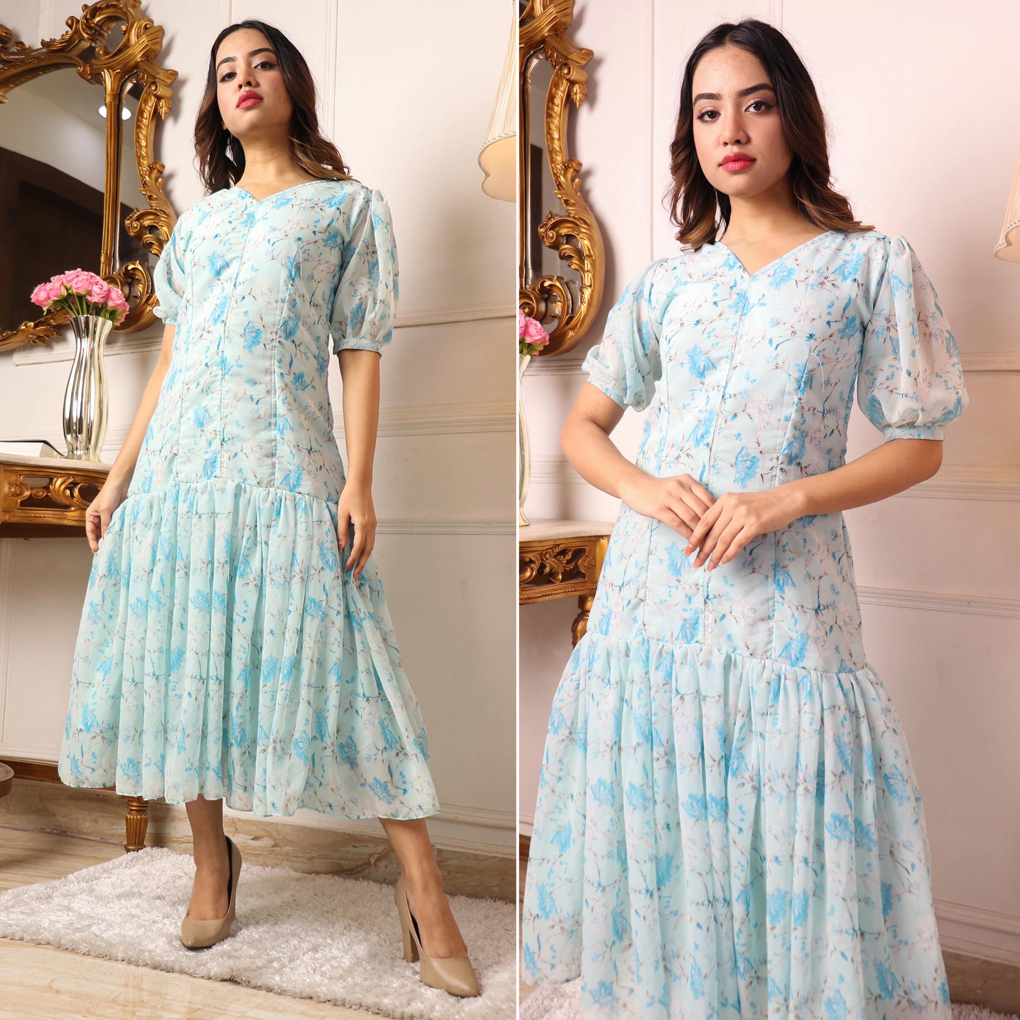 Light Blue Floral Printed Georgette Dress
