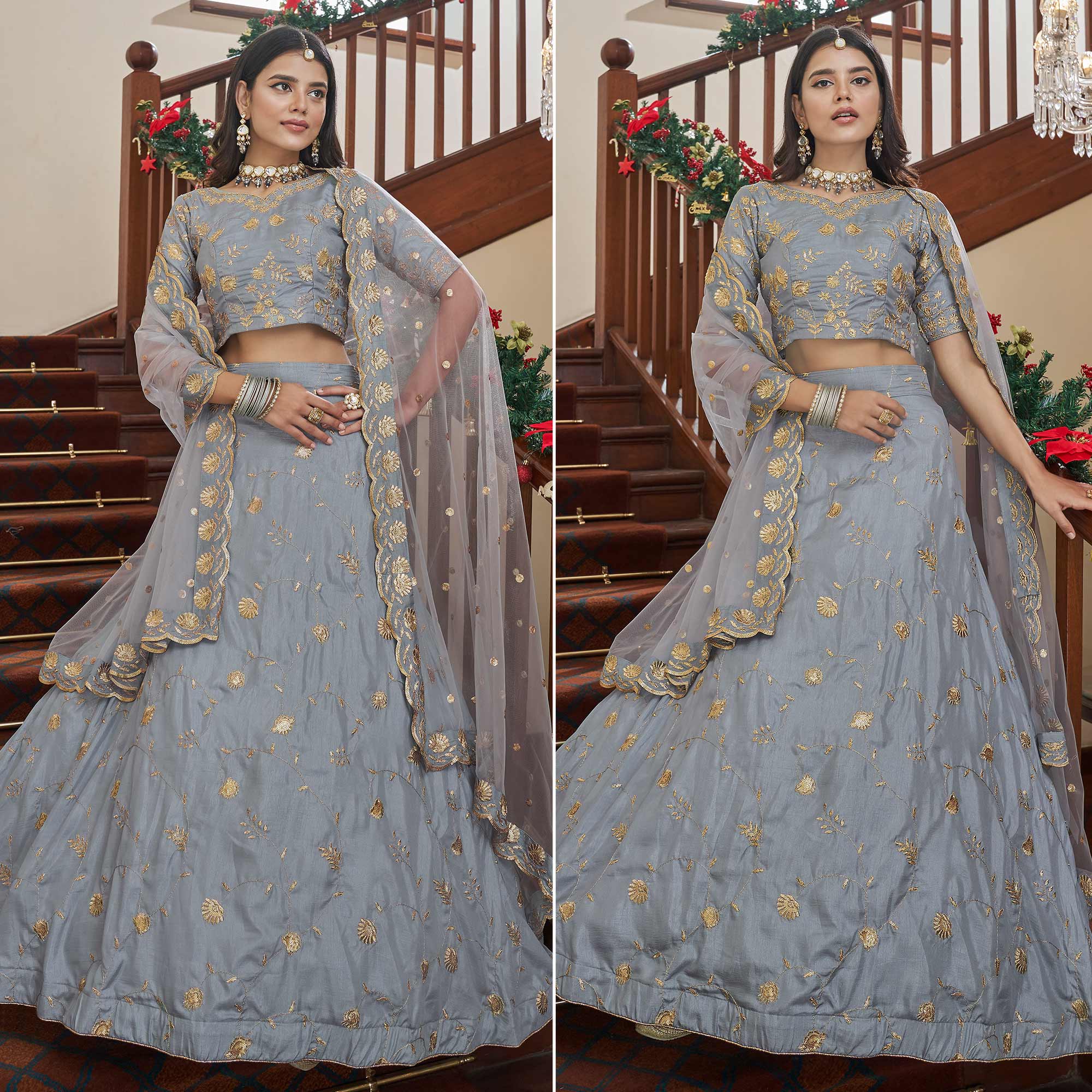 Grey Sequins Embroidered Art Silk Lehenga Choli