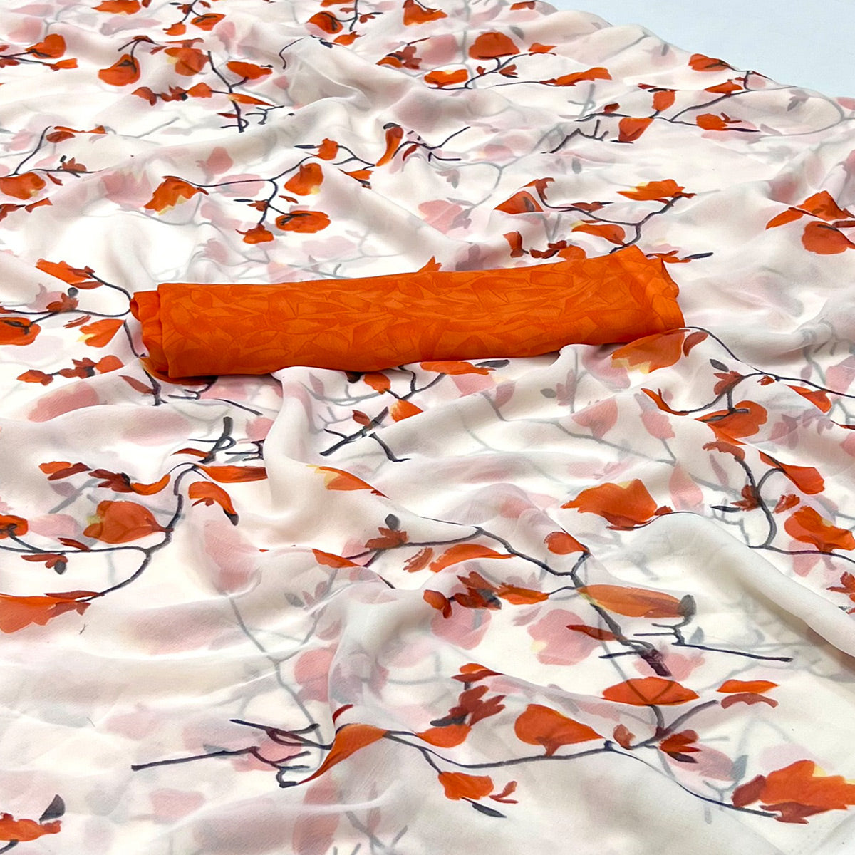 White Orange Floral Printed Georgette Saree