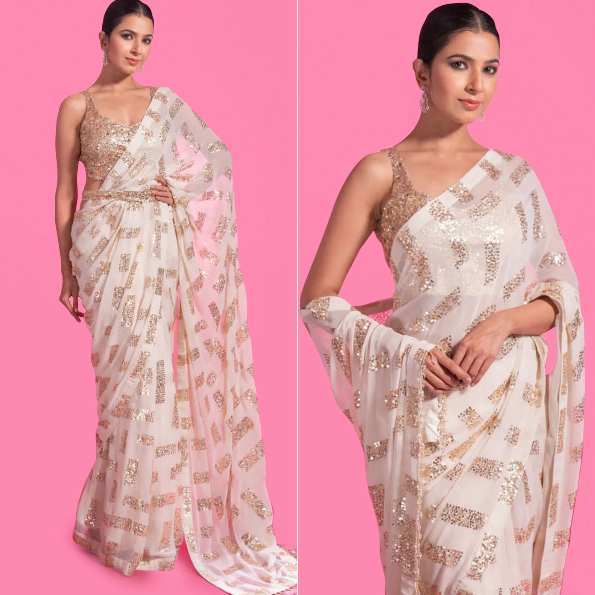 White Sequins Embroidered Georgette Saree