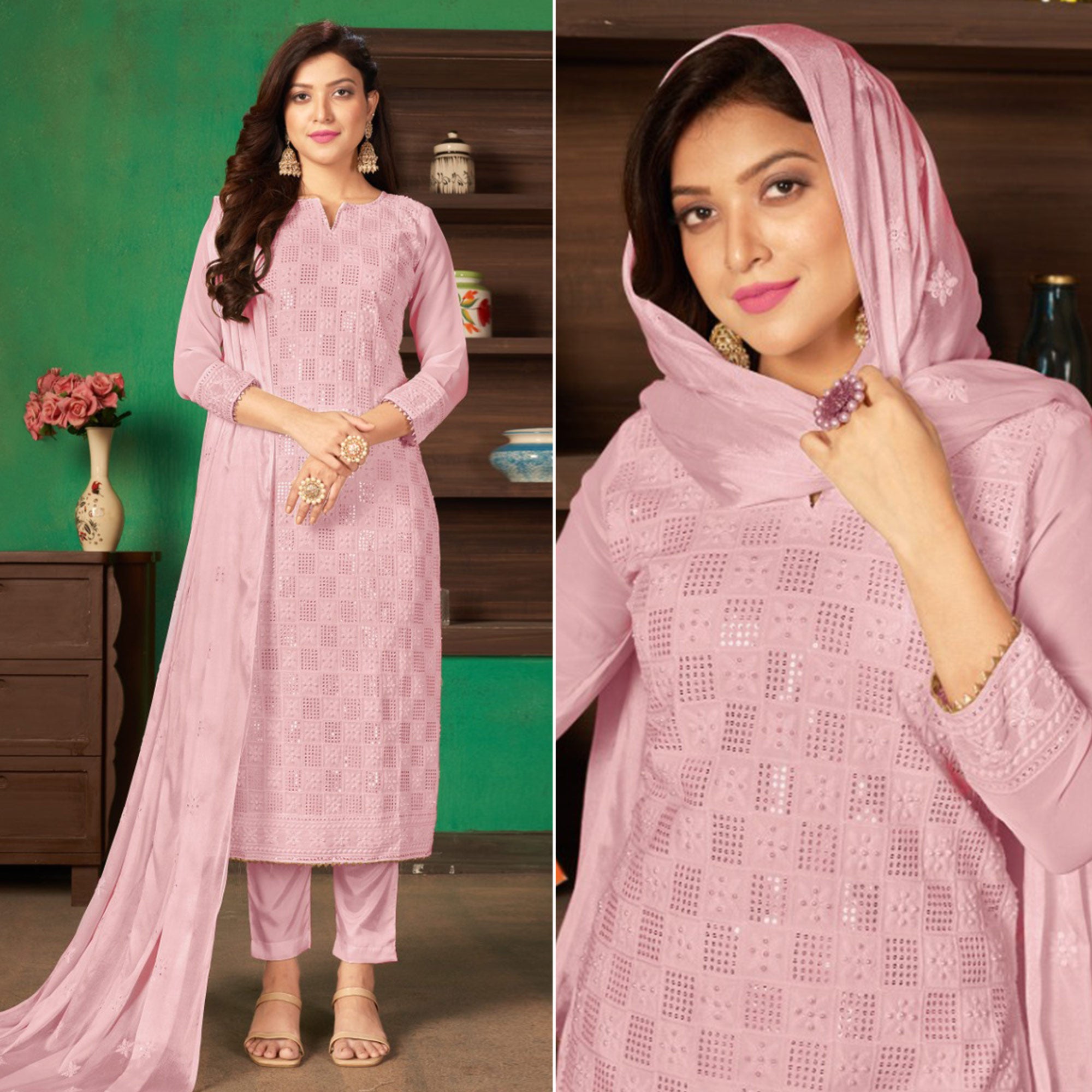 Pink Sequins Embroidered Georgette Suit
