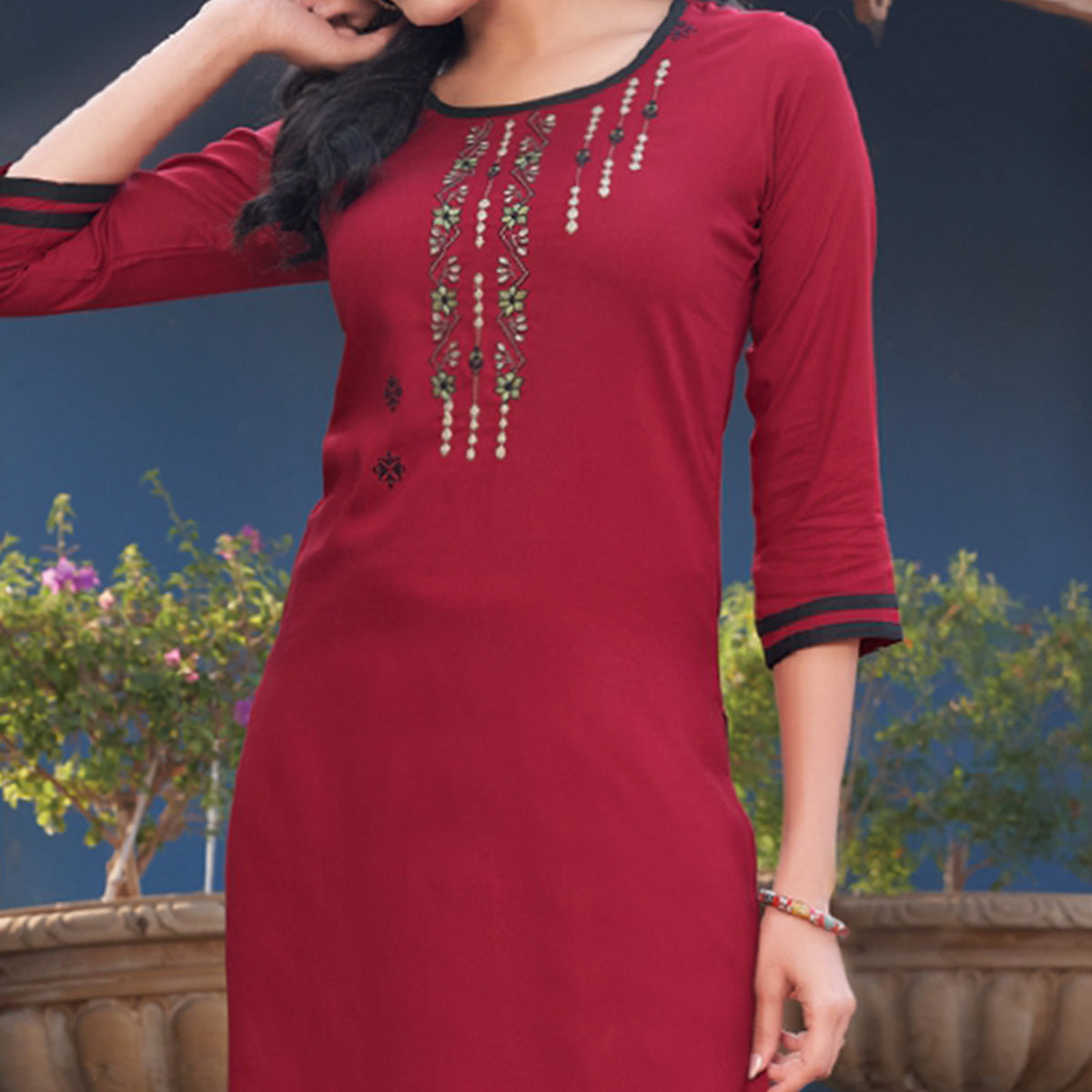 Maroon Embroidered Rayon Kurti