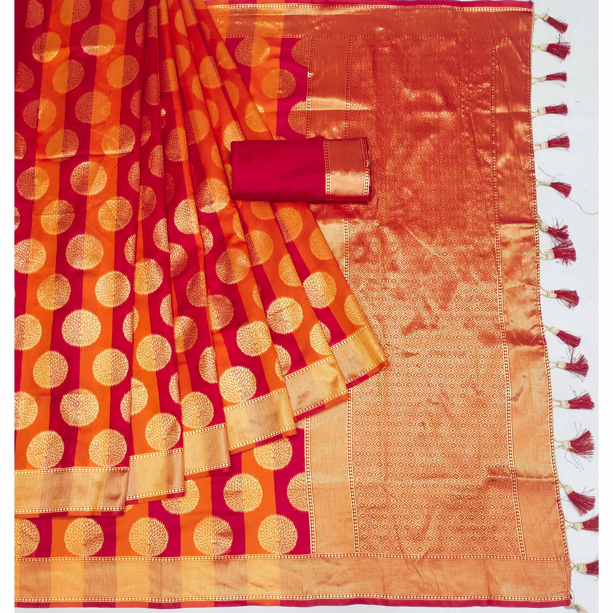 Orange And Pink Woven Jacquard Saree With Tassels